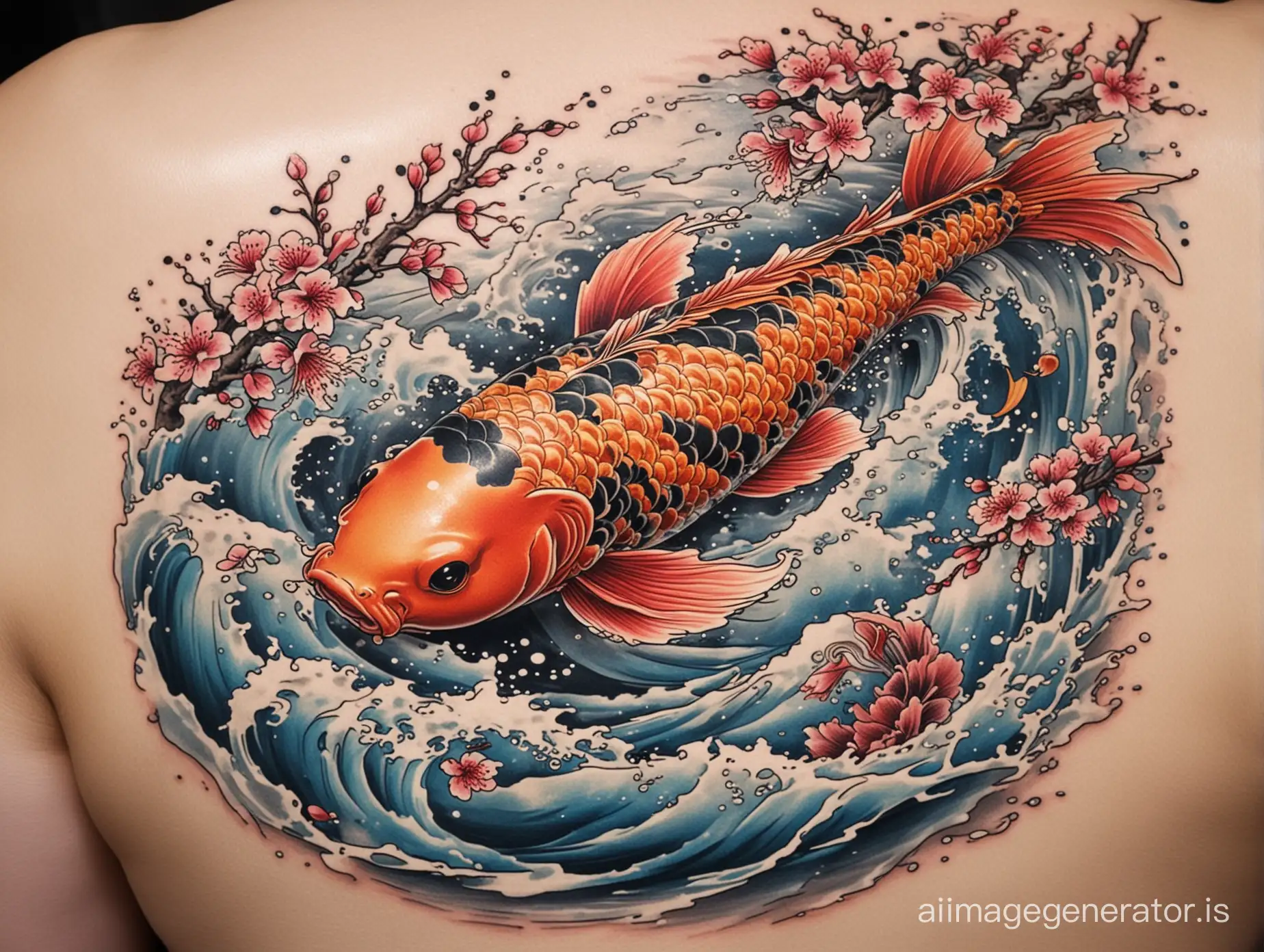 A Japanese irezumi tattoo, showcasing a koi fish swimming upstream amidst swirling waters and cherry blossoms on the shore. 