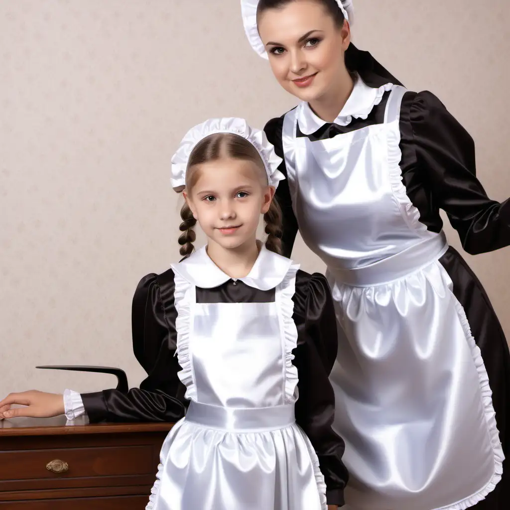 european Girl in satin long maid uniforms,grandmother and daughter with satin retro maid uniforms