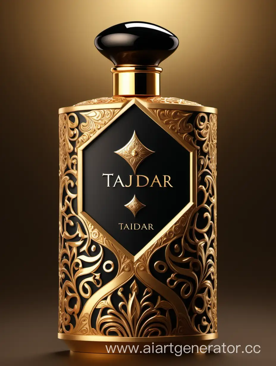 Box package design of perfume TAJDAR product, elegant, trending on artstation,   sharp focus,   studio photo,   intricate details,   highly detailed,   gold, Royal black and beige color on gold background