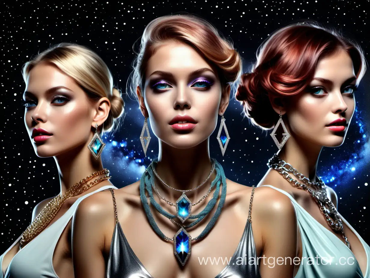 The Andromeda Galaxy, three beautiful glamorous models in fashionable trendy jewelry and chains, modern illustration