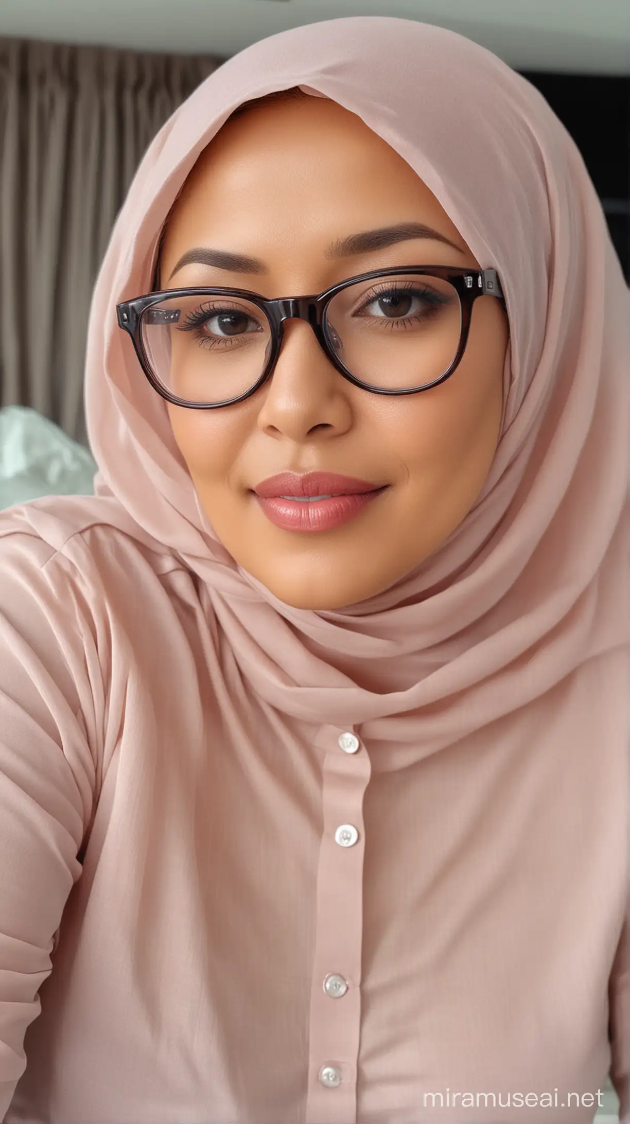 46 years old woman, Indonesian hijab, beautiful face, sensual, wearing transparant shirt, glasses, super big size breast, big butt, full body detiles, perfect body.