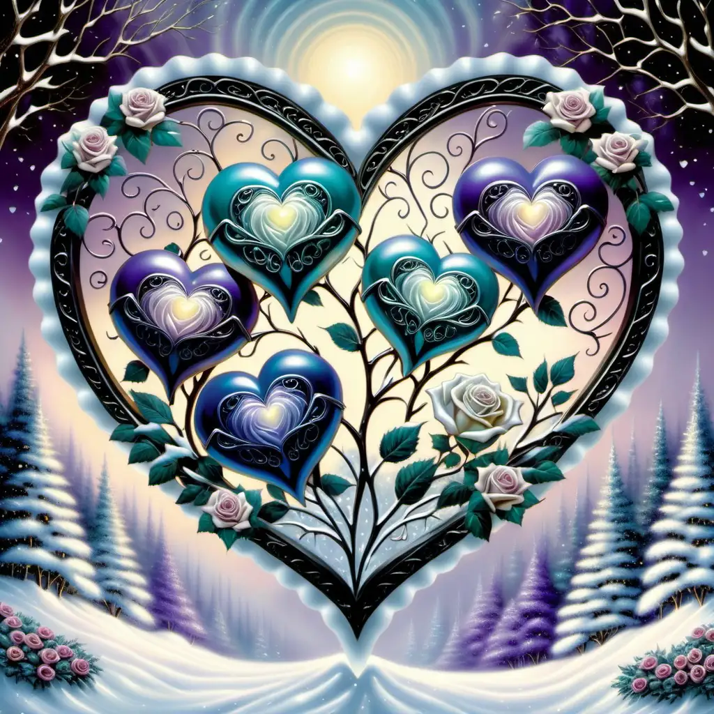 Five Beautiful opalescent Hearts, Beautiful Bi-colored roses, wintery background, filigree, sparkle, glistening, glowing, glittery, Deep Dark Purple, White, Black, Teal, Thomas Kinkade