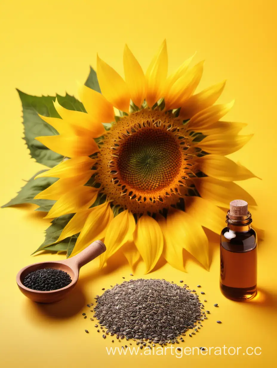 Vibrant-Sunflower-with-Seeds-and-Oil-on-Yellow-Background