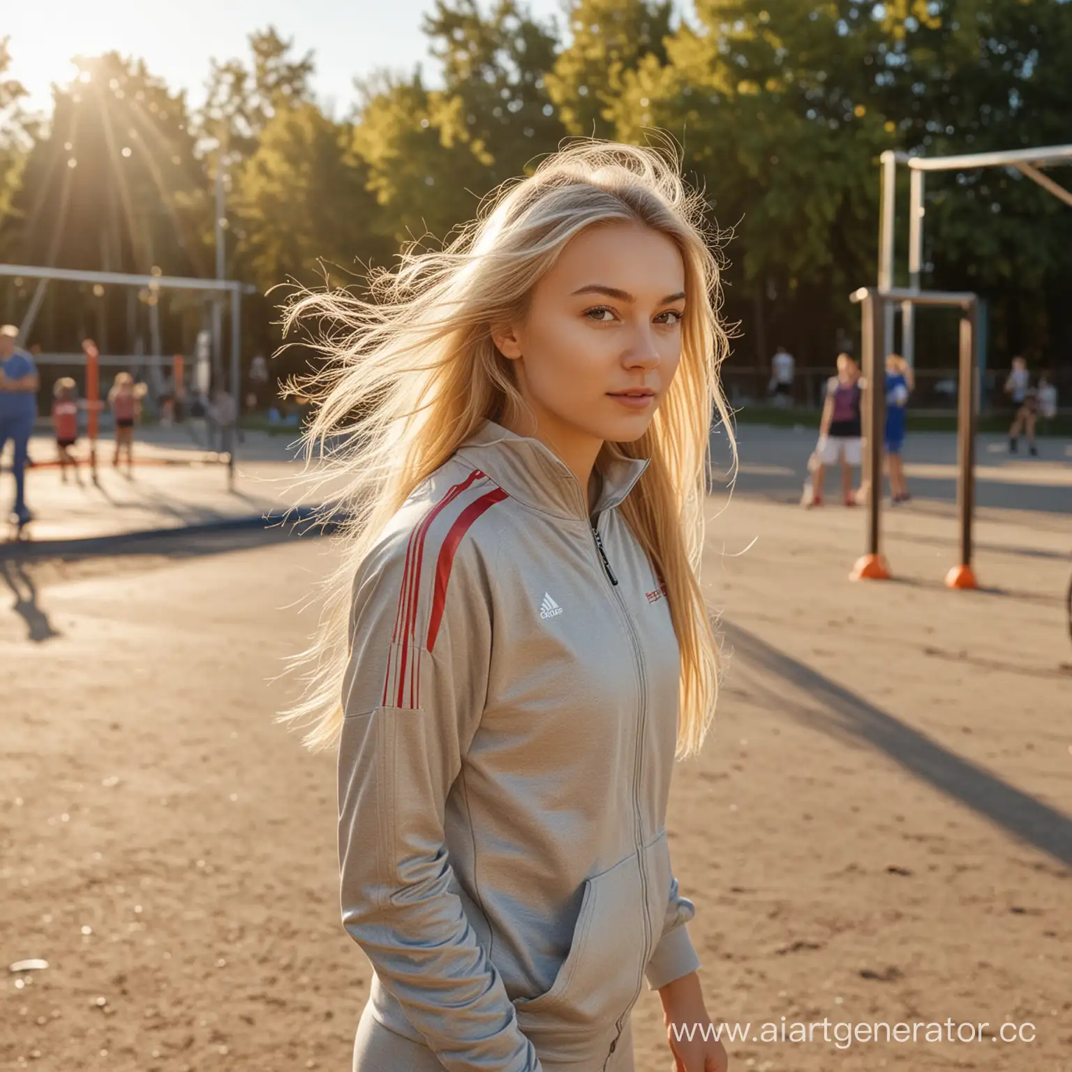 Create a photo depicting a bright, sunny morning on a sports field where energy fills the air with the first rays of the sun. A young girl, athletic, of Slavic appearance with long blond hair in a sports suit stands against the background of the playgrounds, her hair fluttering in the wind, reflecting her cheerful mood. Around her, other people are playing sports: some are jogging, some are playing basketball, and some are doing exercises on a bar. The photo conveys the atmosphere of an active lifestyle and inspires to do sports. Leica 50mm, best quality, high resolution, beautiful lighting, Hasselblad photography, textured skin, imperfect skin, 4k UHD.