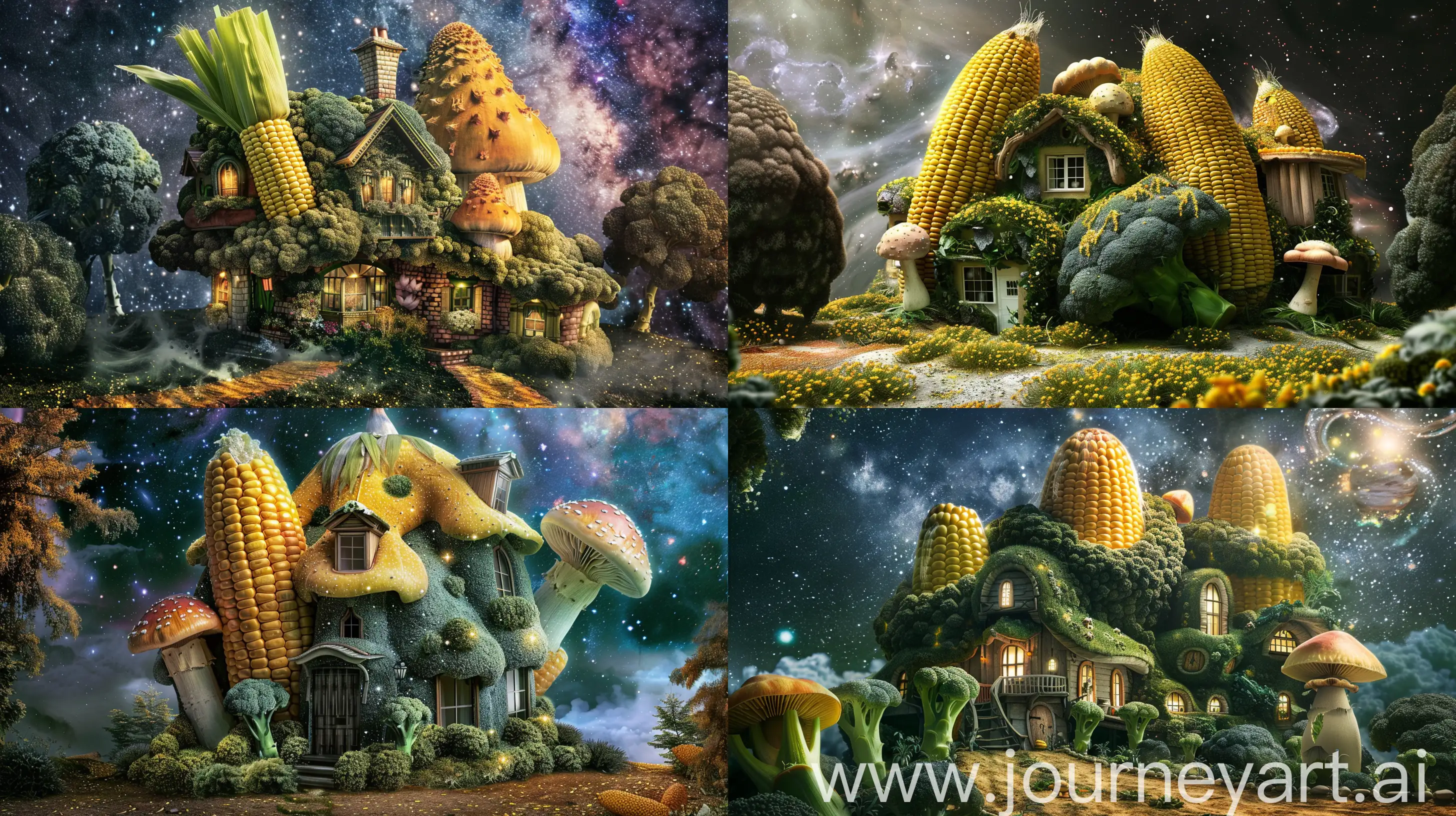 big house in the shape of corn and mushroom and broccoli, in the galaxy, beautiful, fantasy style, realistic --ar 16:9