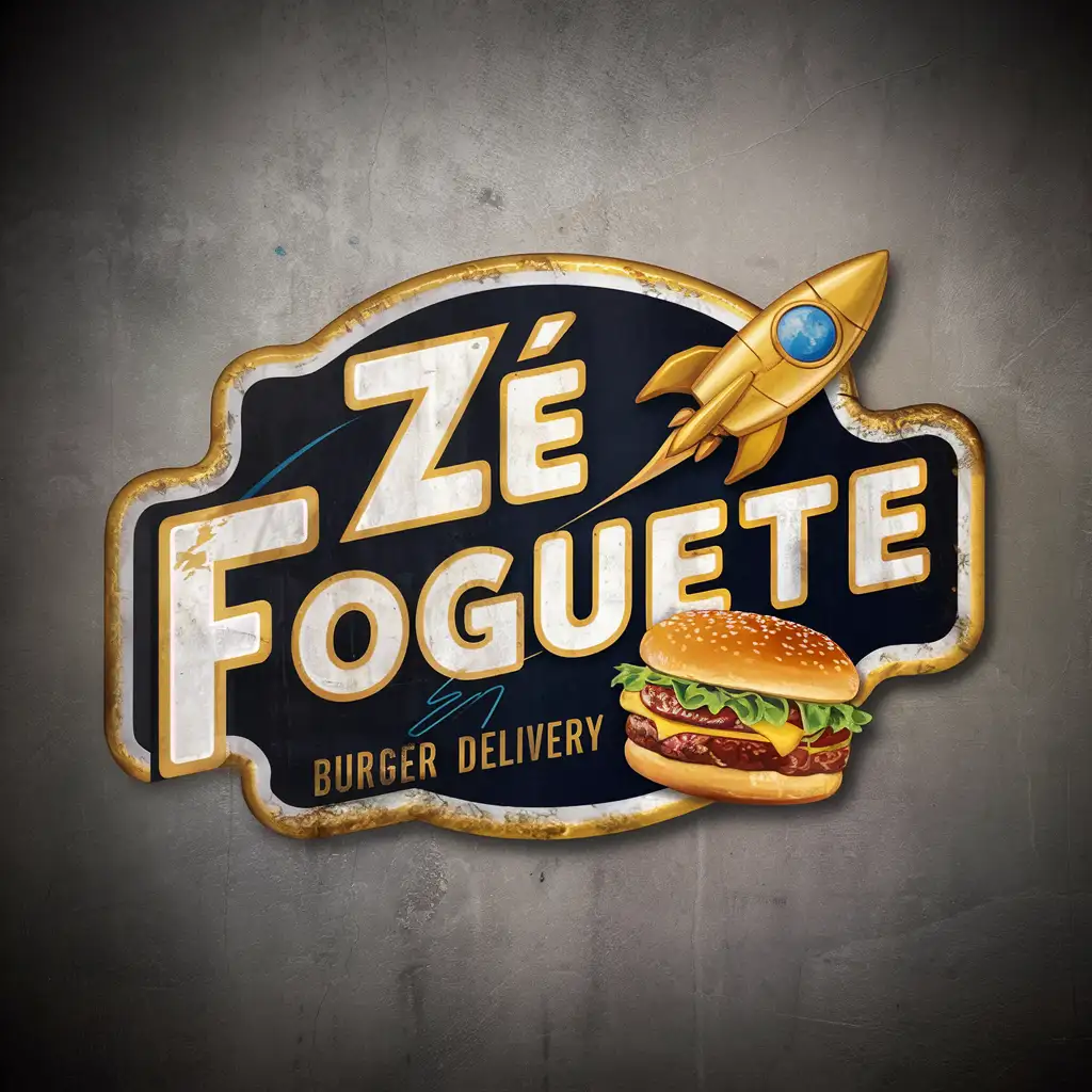 Create a logo for a Burger Delivery: "Zé Foguete". It is a burger shop and delivery. The style should be vintage enamel sign with a golden rocket