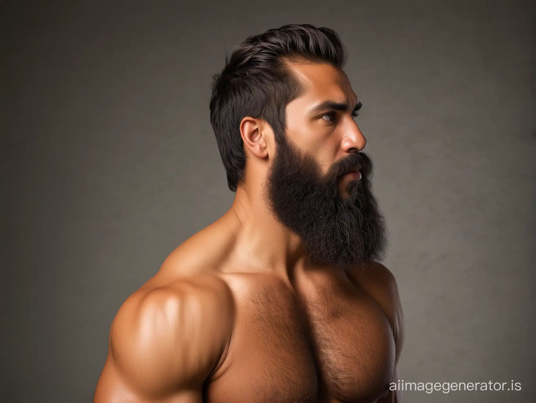 a tall, broad shoulders, fit, lean, hairy chest, long beard Hawaiian man, perspective shadows