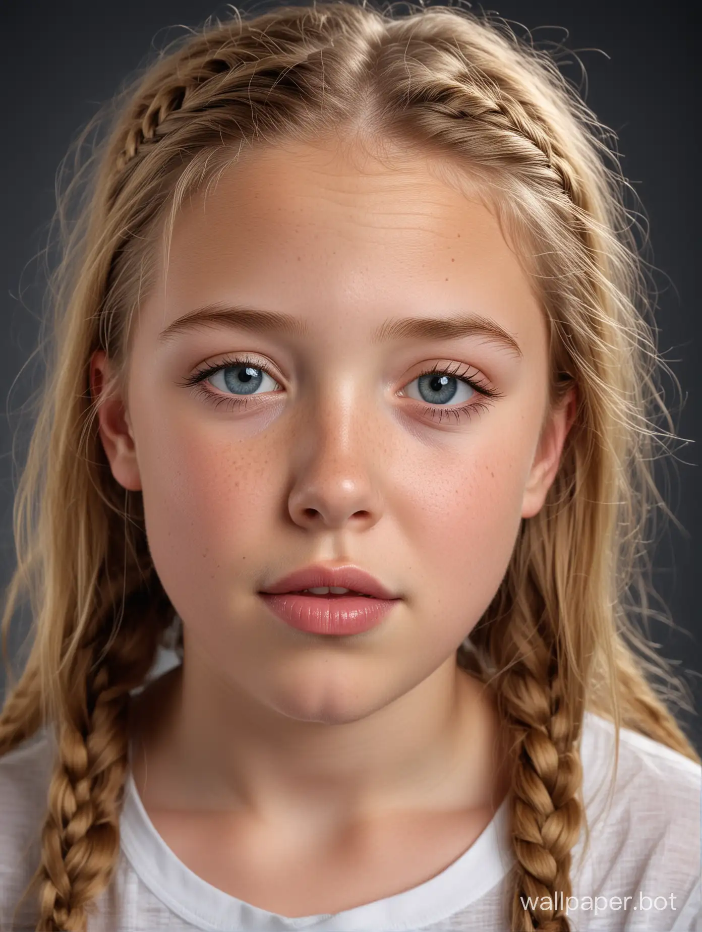 Professional studio portrait photograph with the most intricate detail. A beautiful little 10 year old preteen Caucasian girl. She has a perfect most gorgeous alluring little preteen child face, blue eyes, slight freckles, ginger blonde braided hair. She looks almost engelic in her beauty. Serious surprised expression. Very thin pouting lips. Kissing lips with tip of tongue. She has a perfect little preteen child body, short stocky stature, tiniest little flat undeveloped preteen child breasts, puffy nipples, slender waist, round broad hips, curvy thighs.
