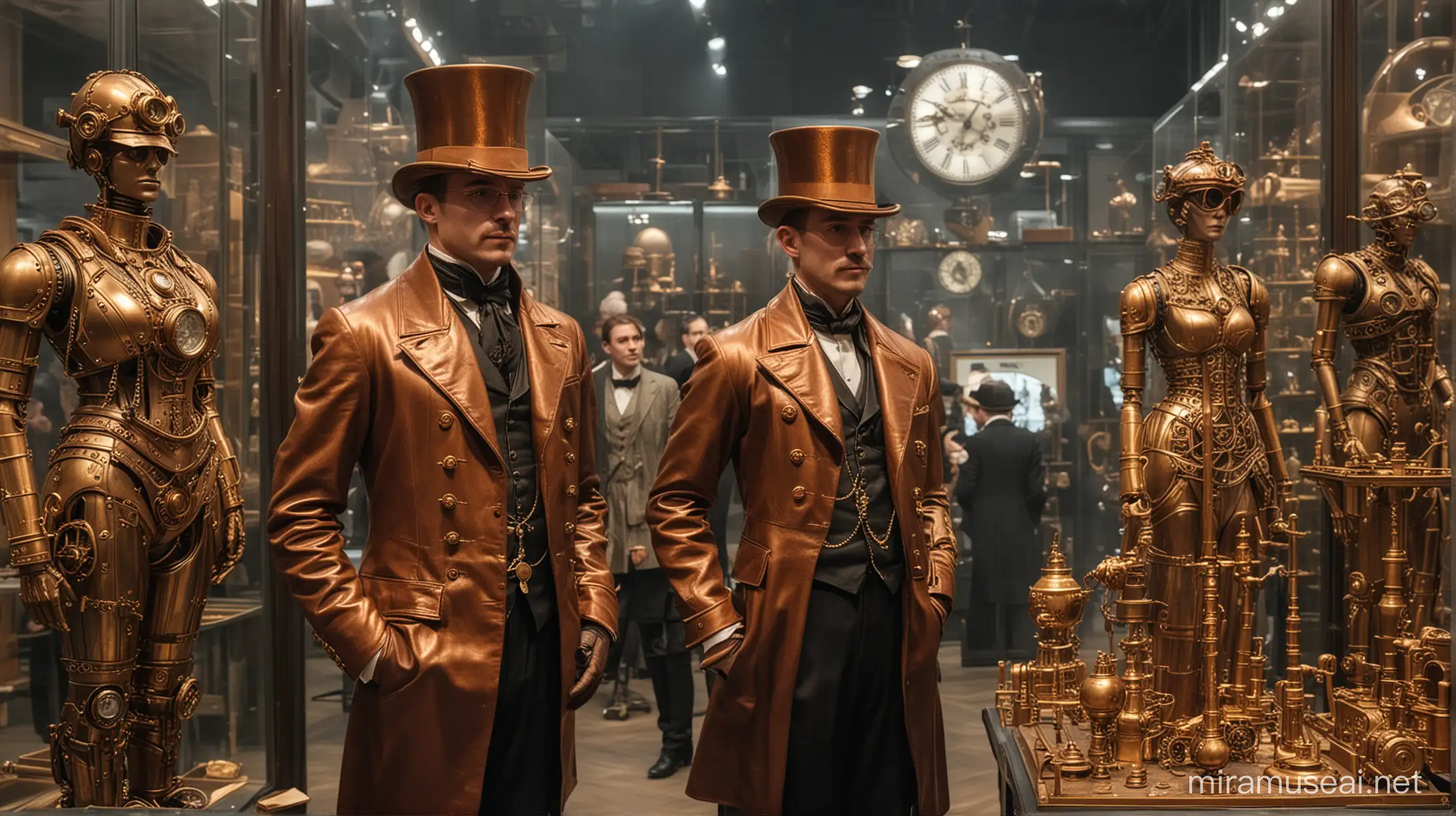 museum of various steampunk objects made of gold and copper,  visitors, who look at the objects,  are in victorian suits