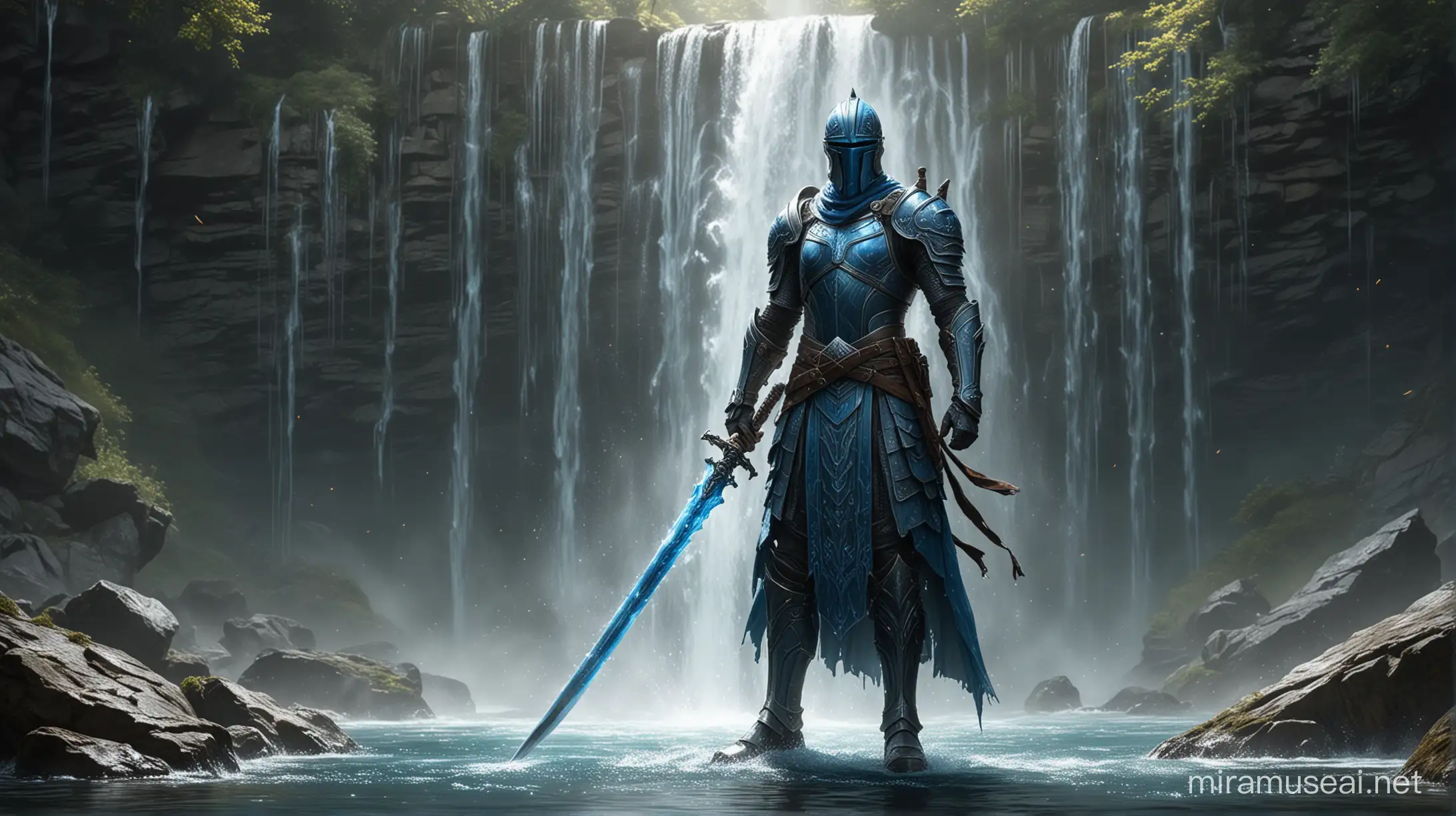 A majestic Waterbender Knight stands proudly in front of a cascading waterfall, wielding a shimmering blue water sword. The intricate details of the knight's armor and flowing robes are captured with sharp lines and sharp focus, creating an ultra-realistic full body shot. Every element of the image is meticulously rendered, from the delicate water droplets hanging in the air to the reflections of light dancing on the sword's blade. This stunning painting immerses viewers in a world of fantasy and battle, where water and steel merge in a breathtaking display of artistic skills.

