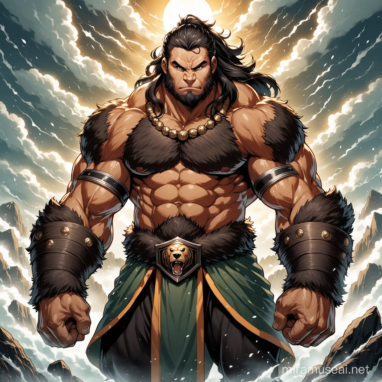 Gaurrea Vuma-Thukate, a towering Goliath with skin like mountain stone and a mane of dark hair, bears a muscular frame sculpted by years of combat and hardship. His storm-cloud eyes hold a fierce determination tempered by compassion, while his calloused hands speak of a life lived by the sword—or by his fists. Clad in rugged garments adorned with trophies of past victories, Gaurrea's proud countenance belies a warmth that shines through his stern exterior, a testament to his resilience and indomitable spirit.