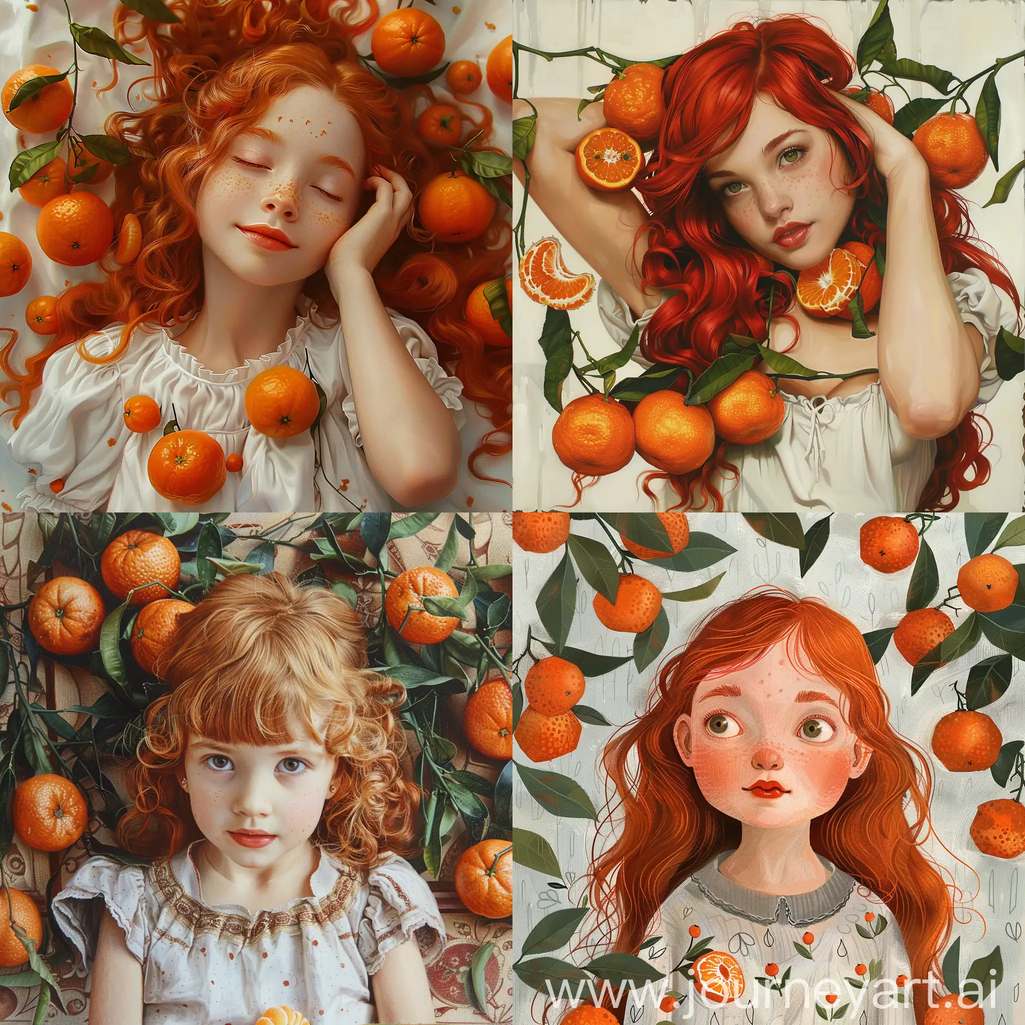 девушка с рыжими волосами с мандаринами