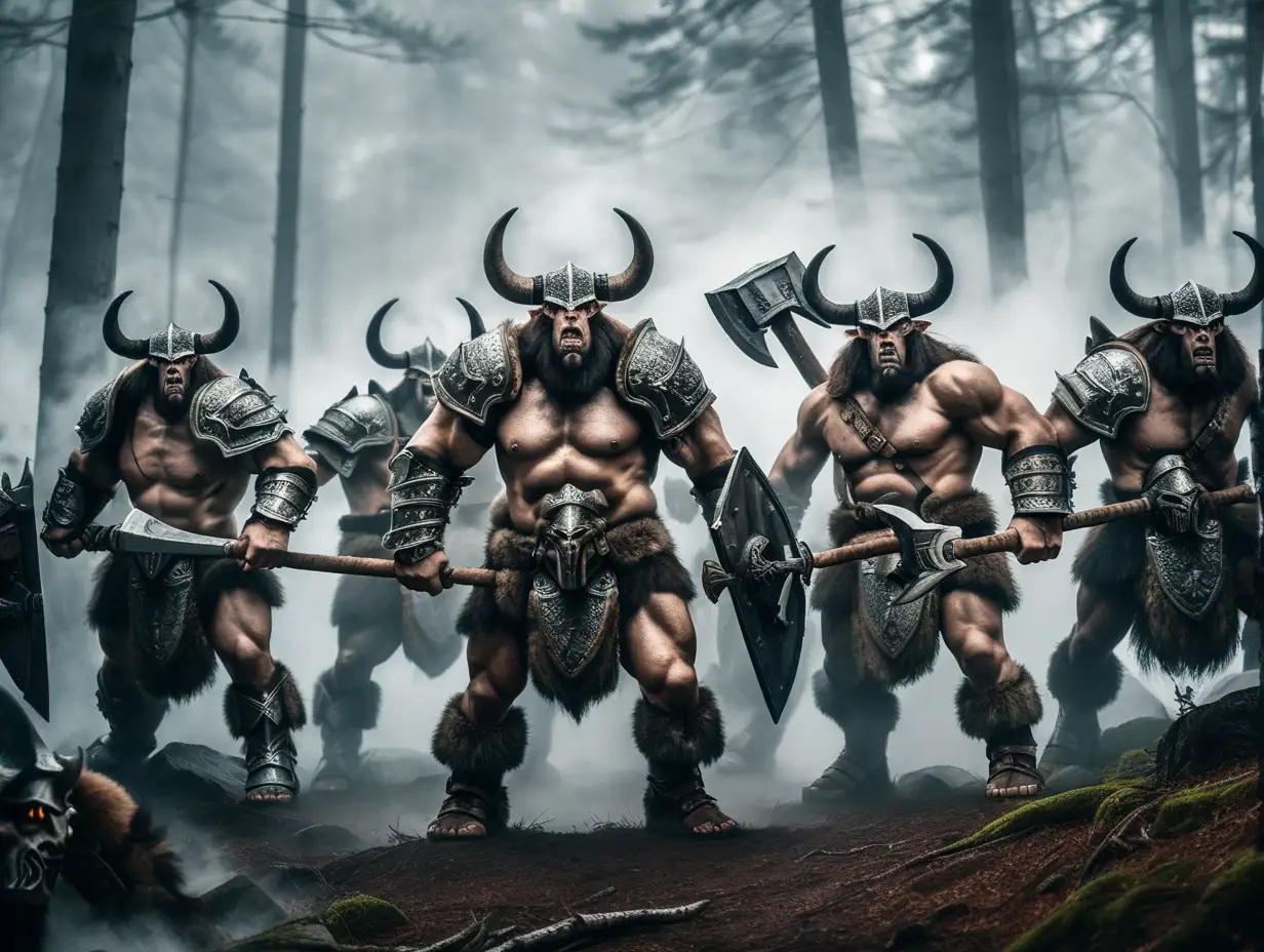 grupo de minotauros preparados para la batalla , con armaduras y hachas. en un bosque con niebla