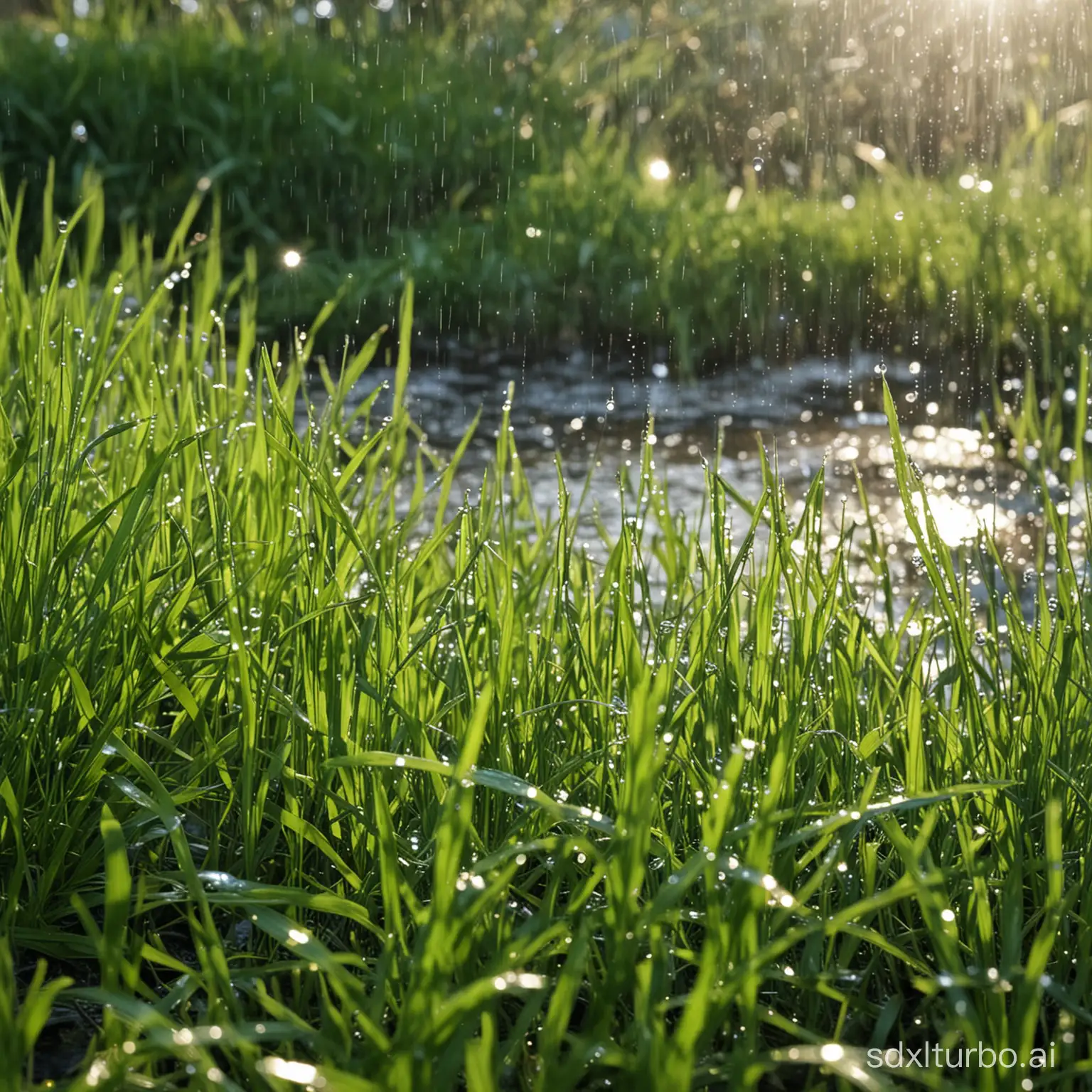 Green grass, spring, sunshine, rainwater