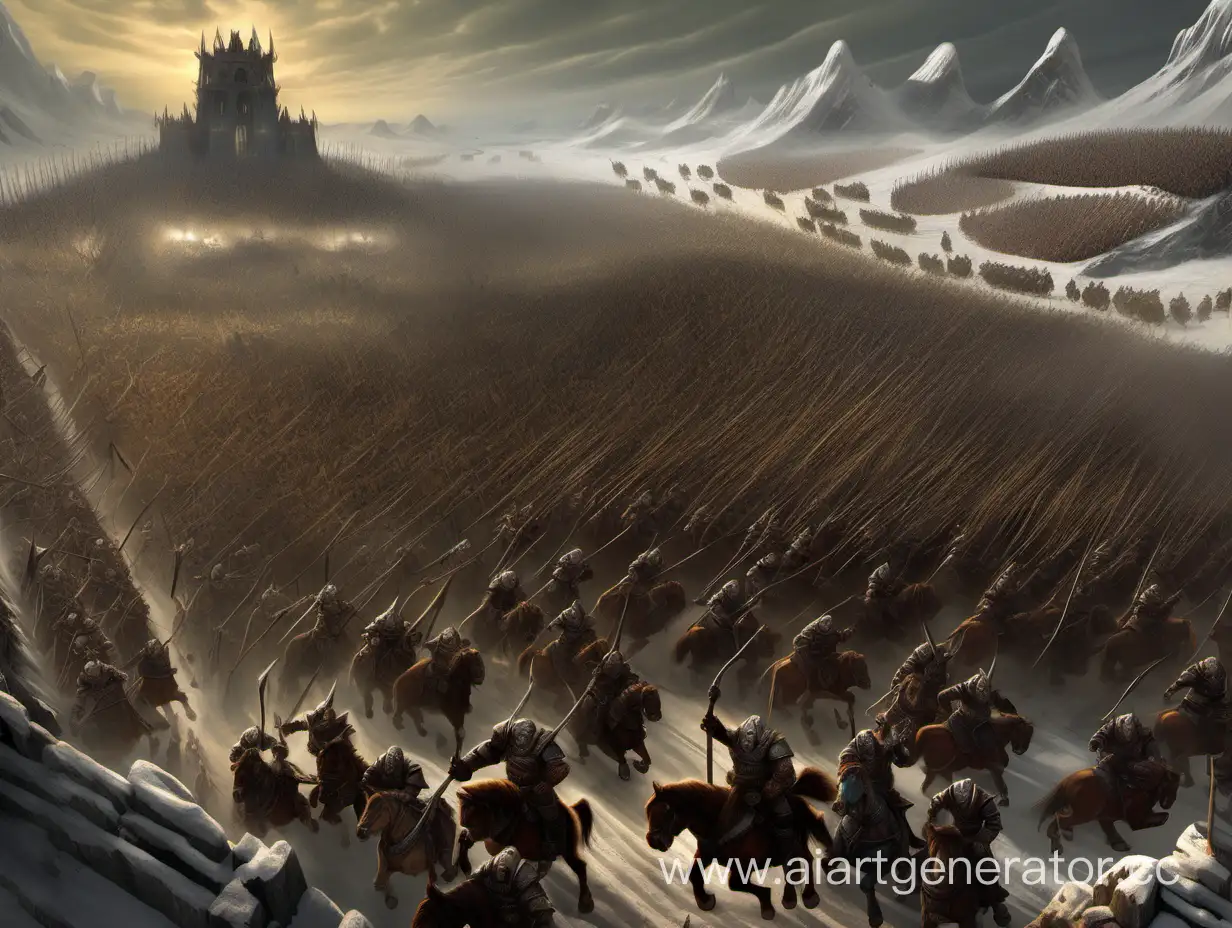 A large field. A horde of orcs is fighting a dense formation of dwarves. Orcs on horseback. The dwarves are holding formation. Orcs attack on the left side of the picture, dwarves defend on the right