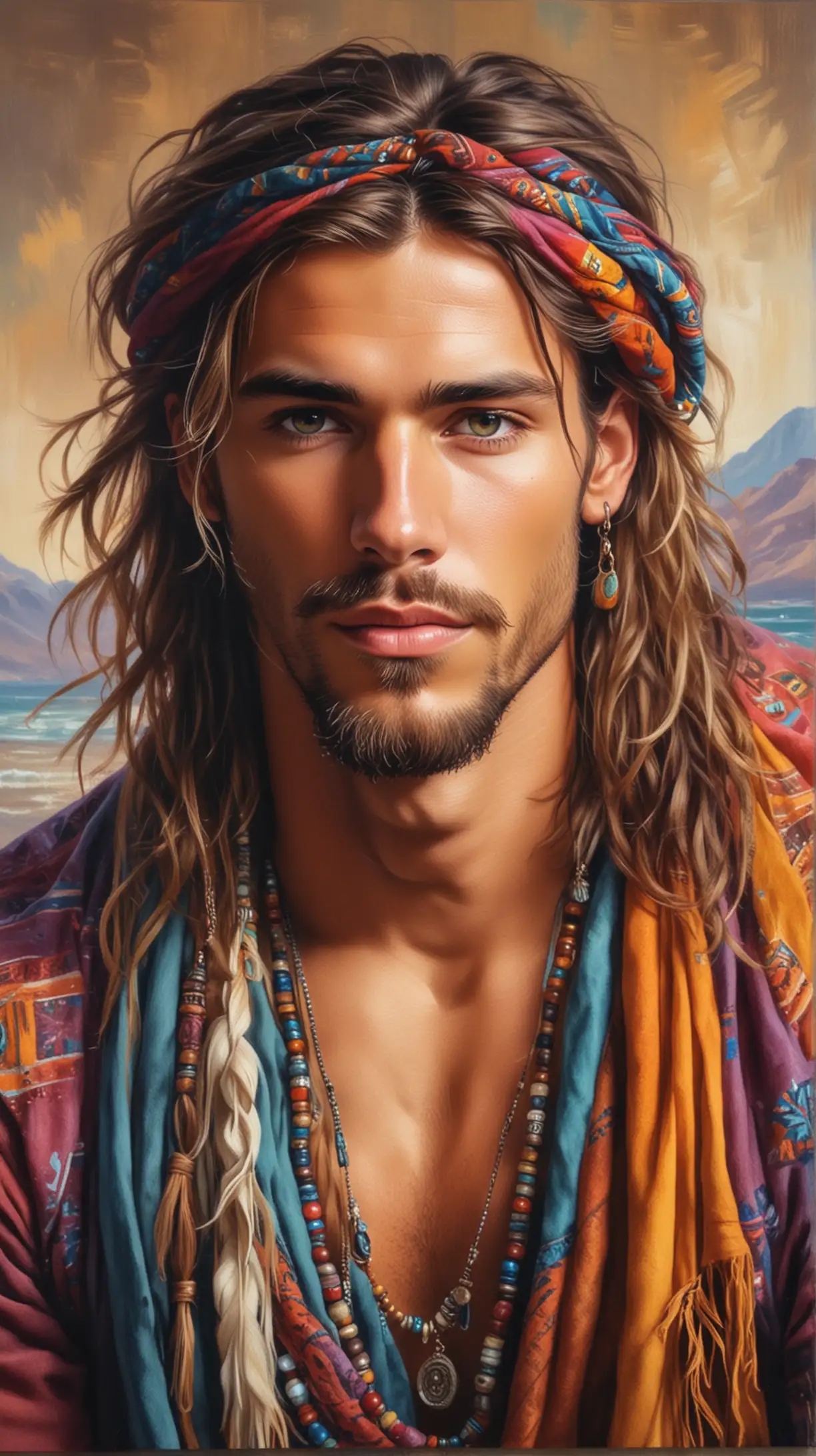 Make gorgeous canvas picture with oil painting, with very handsome Boho guy, lots of radiant colours, show the beauty, make it real as possible, 4k photo 