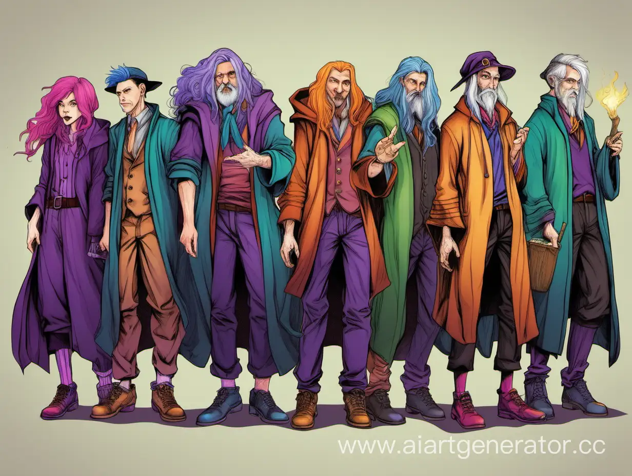 Ensemble-of-Eight-Colorful-Wizards-and-Witches-Casting-Spells