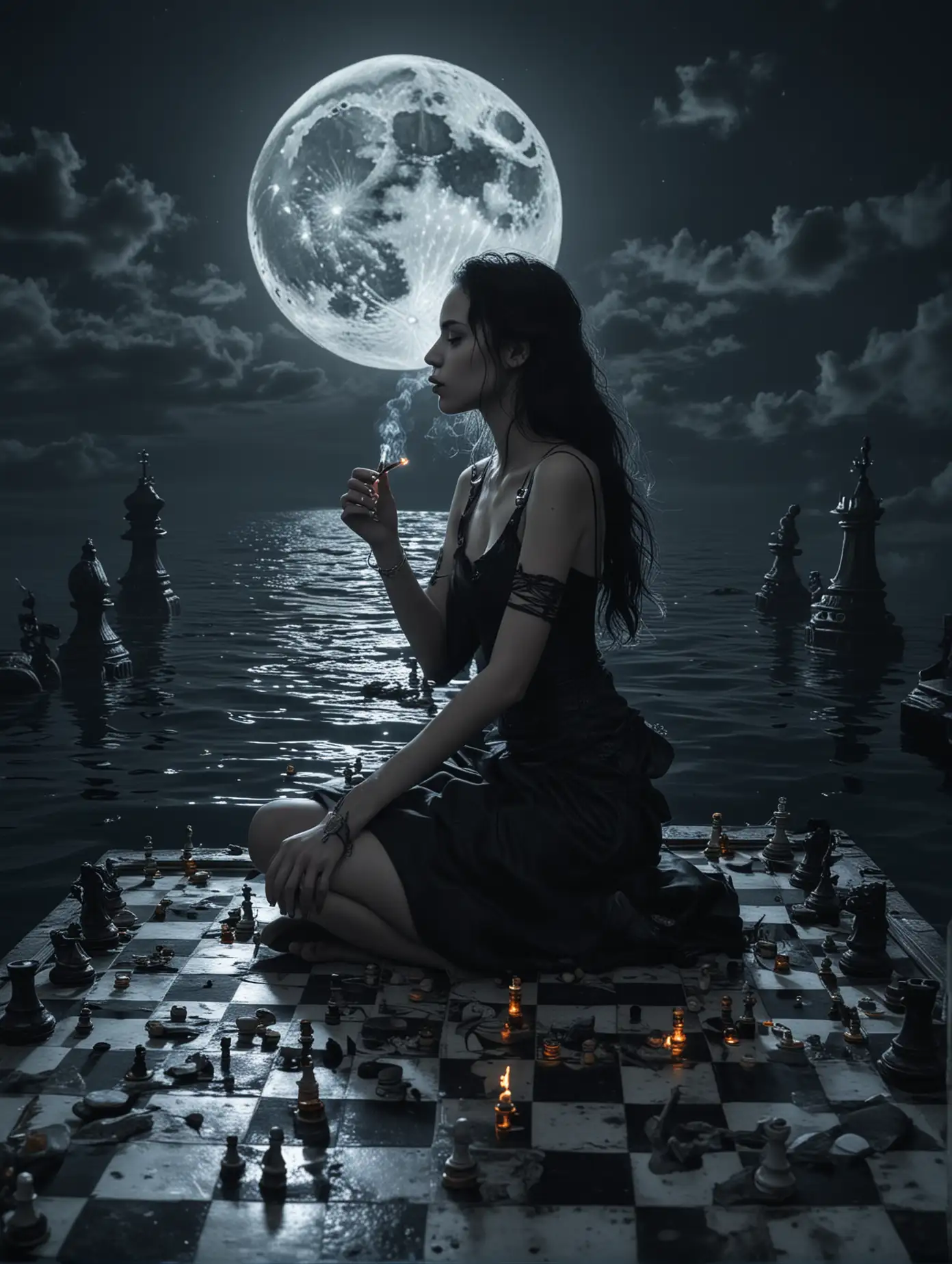 A girl is sitting on a chessboard on the deep ocean floor and smoking a cigarette. The moon is behind her.the fishes swim. The space is Gothic and dark