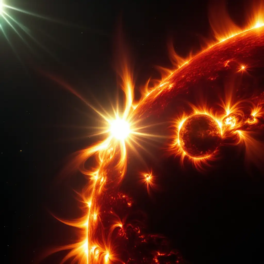 A spectacular visual of a solar flare erupting from the sun, illuminating space with its overwhelming brilliance and energy. ultra realistic, 8k , very detailed.