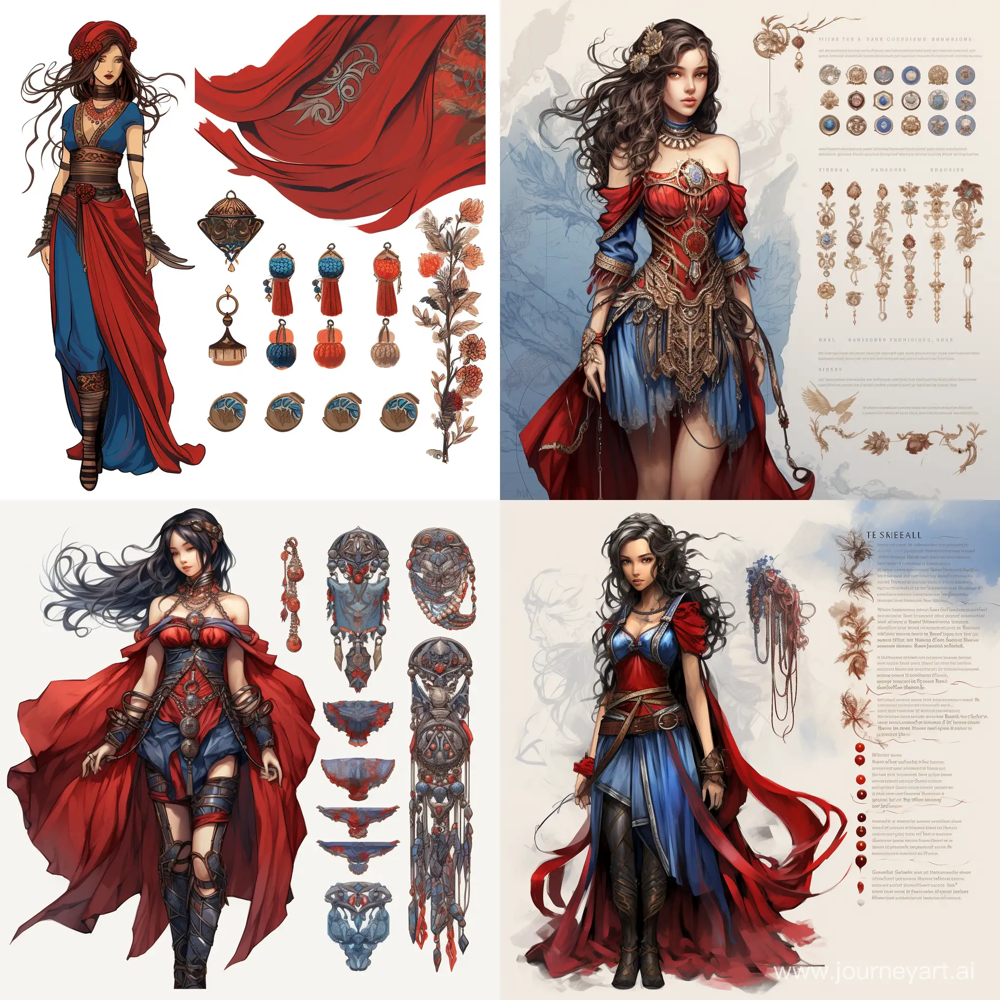 Fantasy-Red-and-Blue-Dresses-on-Reference-Sheet-with-Accessories
