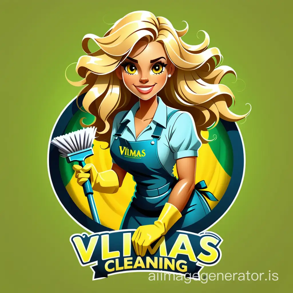logo for  female brazillian cleaning company with a Vilmas Cleaning with blonde hair