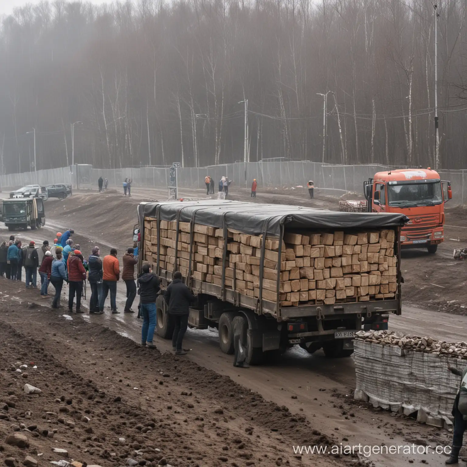 Люди грузят строительные материалы в фуру в России