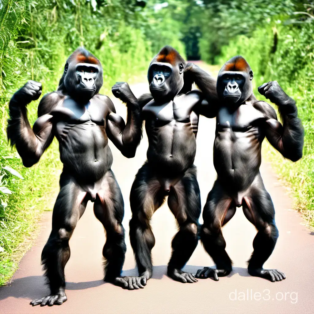 Three skinny gorillas posing with their biceps