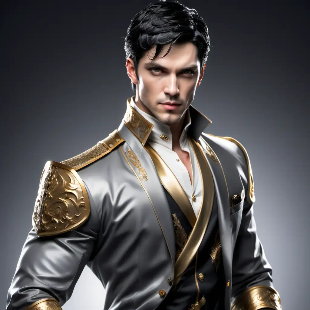 Handsome Fantasy Prince in Black and Gold Suit with Sword Belt