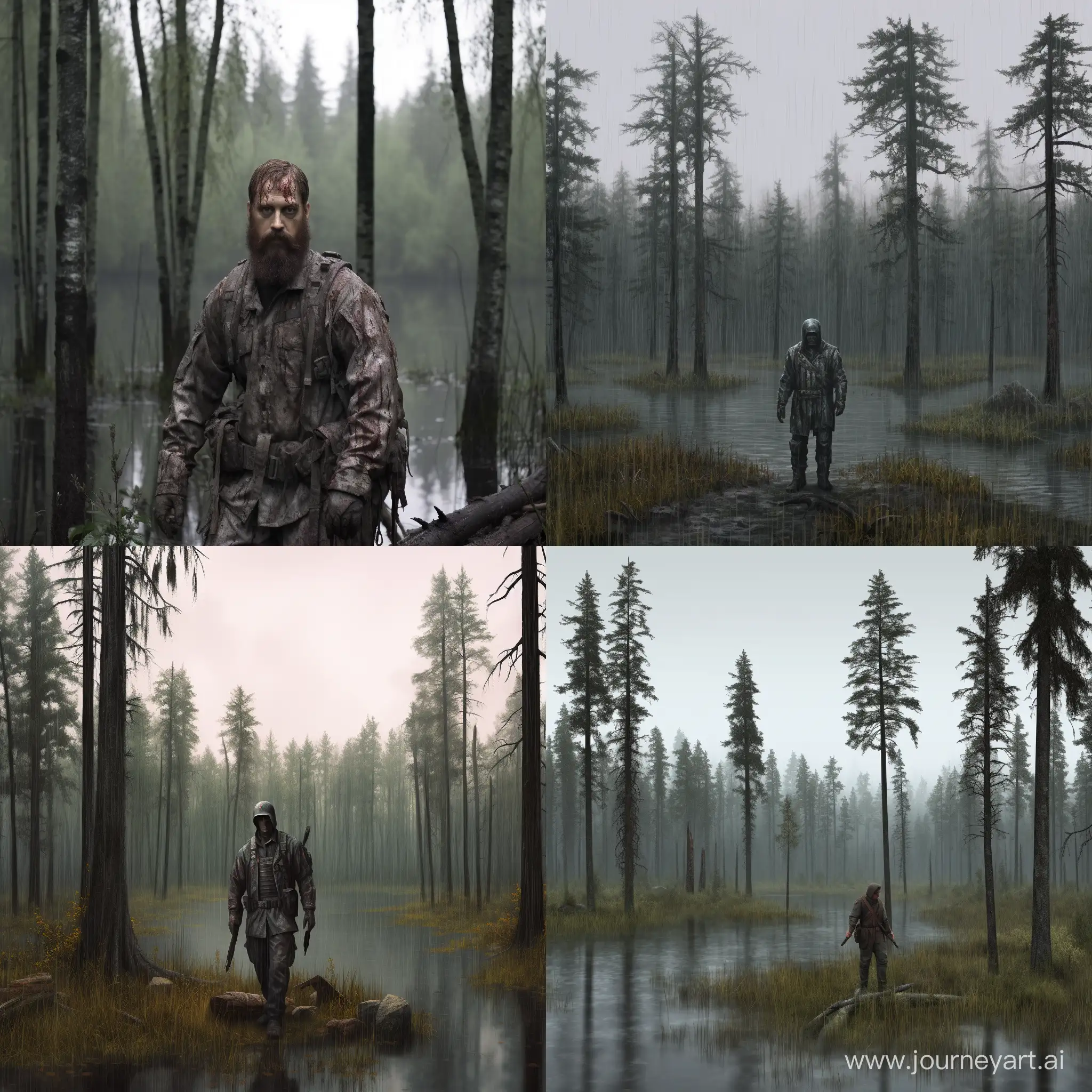 autumn, taiga, Russia, cloudy weather, forest, tall trees, spruces, fir trees, swamp, night, a man in torn clothes drowns in a swamp, tourist clothes, zombie holds his hand, skin decomposes, hyperrealism, 8K image quality, ultra detail 