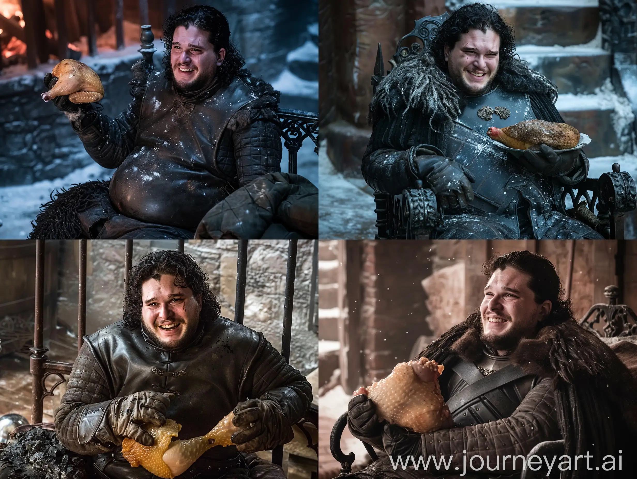 Jon Snow in the Game of Thrones series, Jon Snow is fat and has a face and body He is very fat, Jon Snow is sitting on the iron bed with the same face and very fat body, he has a chicken leg that he is holding in his right hand, it is chicken pie ready to eat, Jon Snow is in Winterfell, it is winter season, Jon Snow is looking at the camera looks on, Jon Snow grins, classic lighting, q2