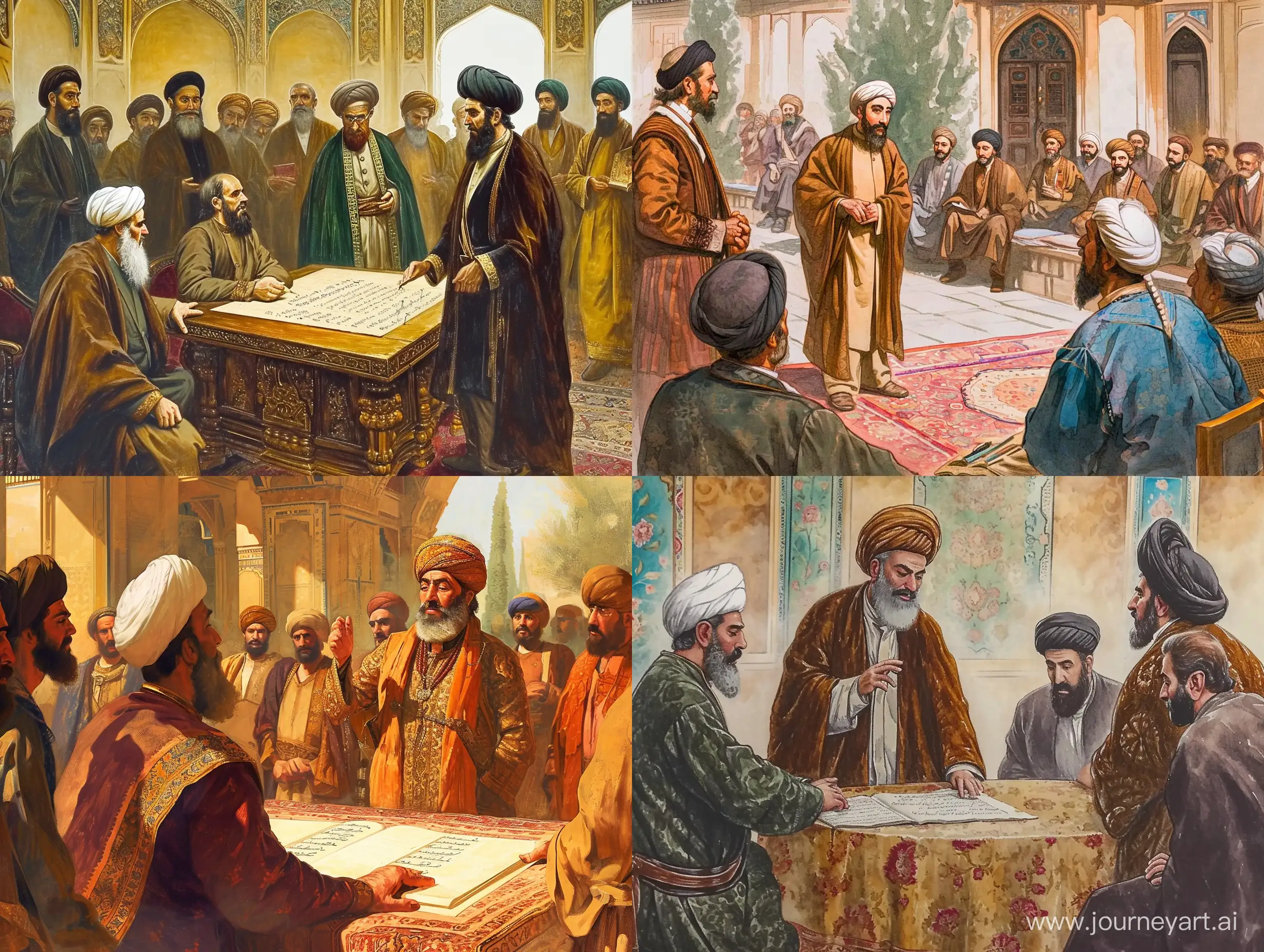 Historical illustration of Mirza Taghi Khan Amir Kabir, the reformist prime minister of Iran, establishing Darolfonoon university during the time of Naser al-Din Shah. 