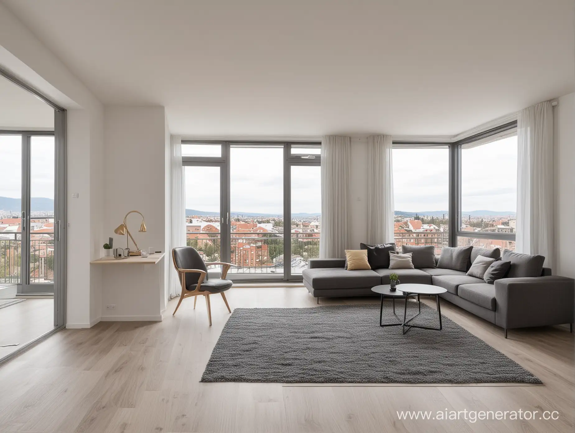 Новая современная обставленнвя квартира с большим панорамным окном вид изнутри на три стены