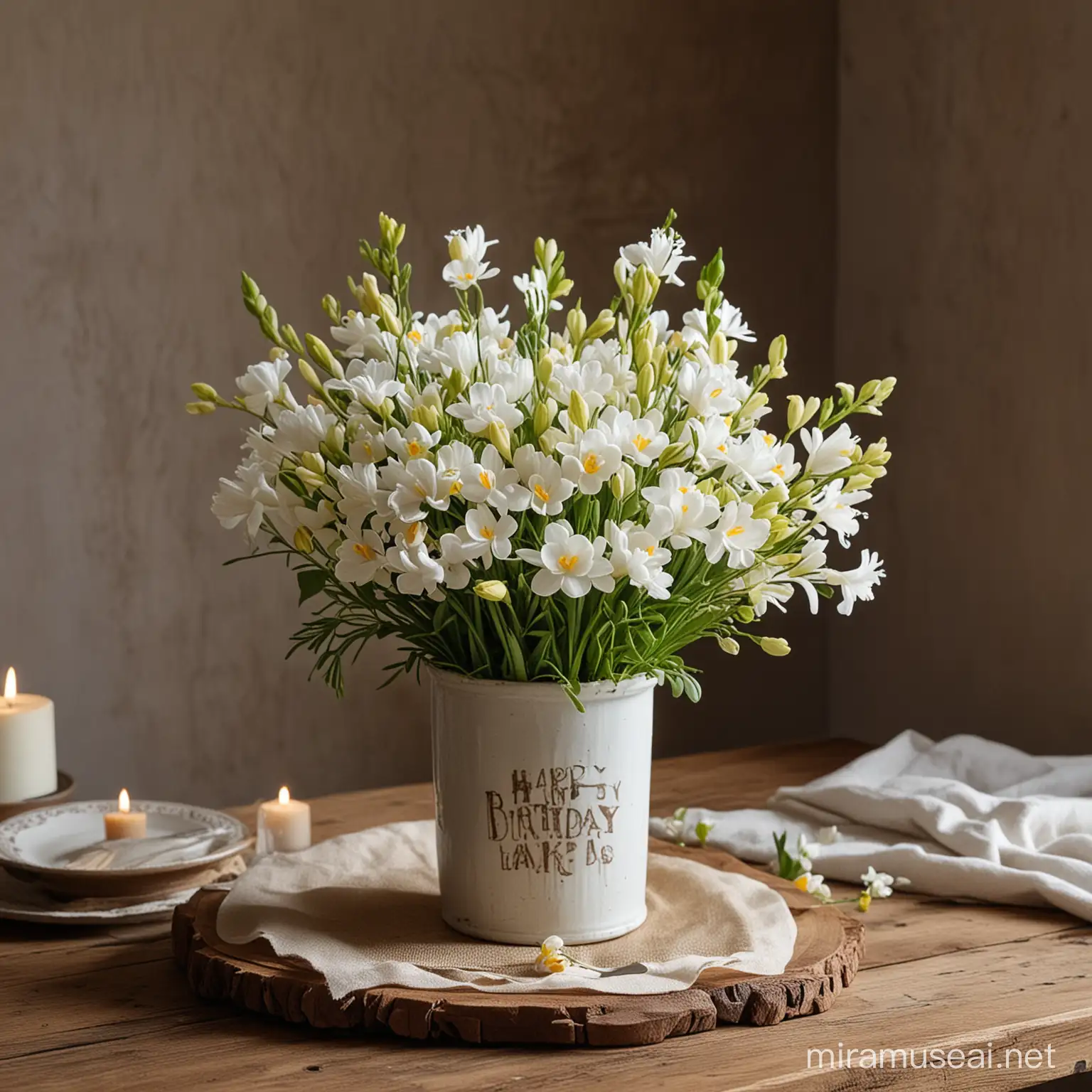 Rustic Birthday Cake with Freesia Bouquet Table Centerpiece