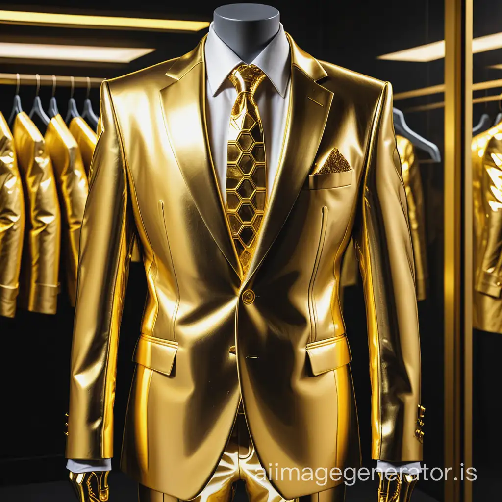 futuristic gold business suit covered in 24k gold on a hanger


