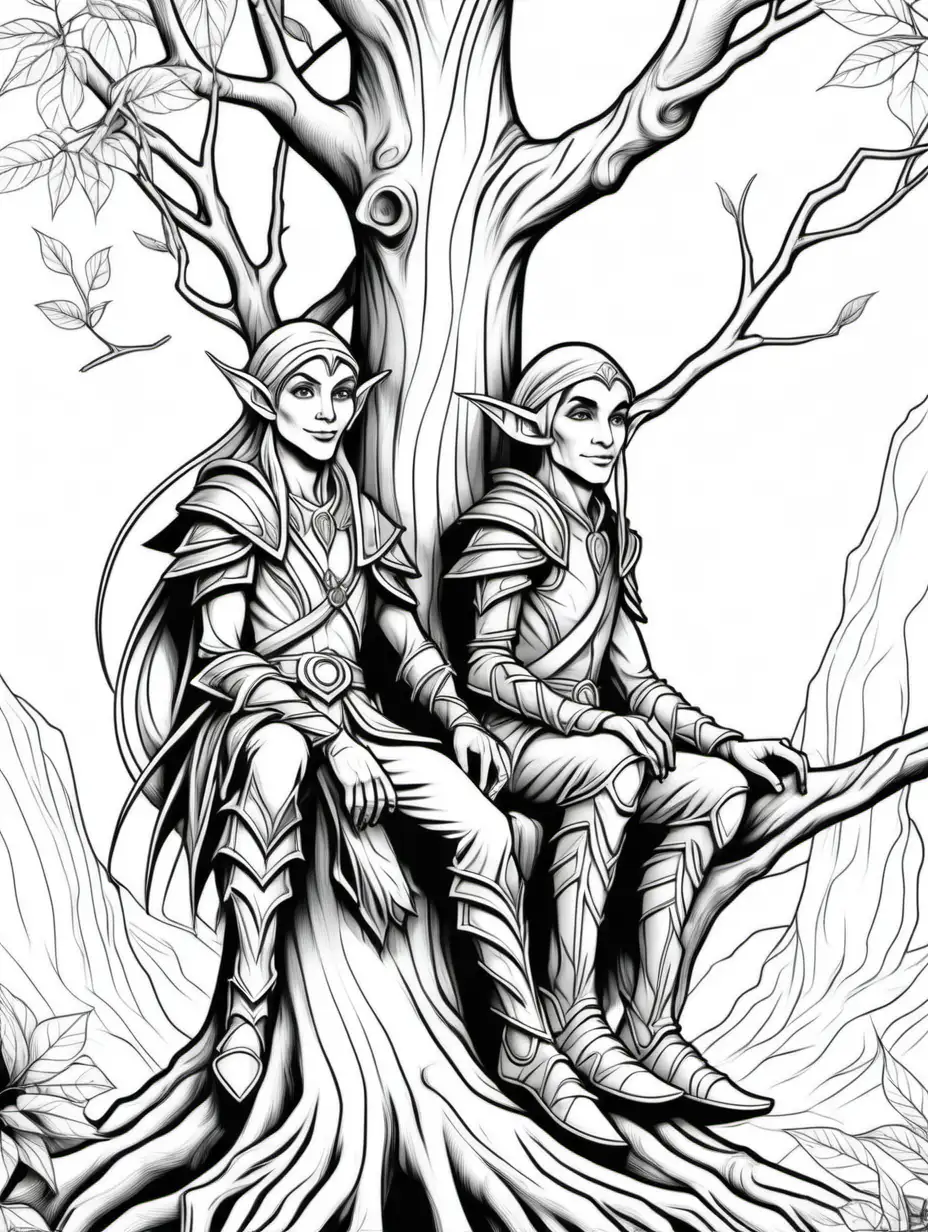 Wood Elves Coloring Page for Kids Elves Sitting on Tree Branch