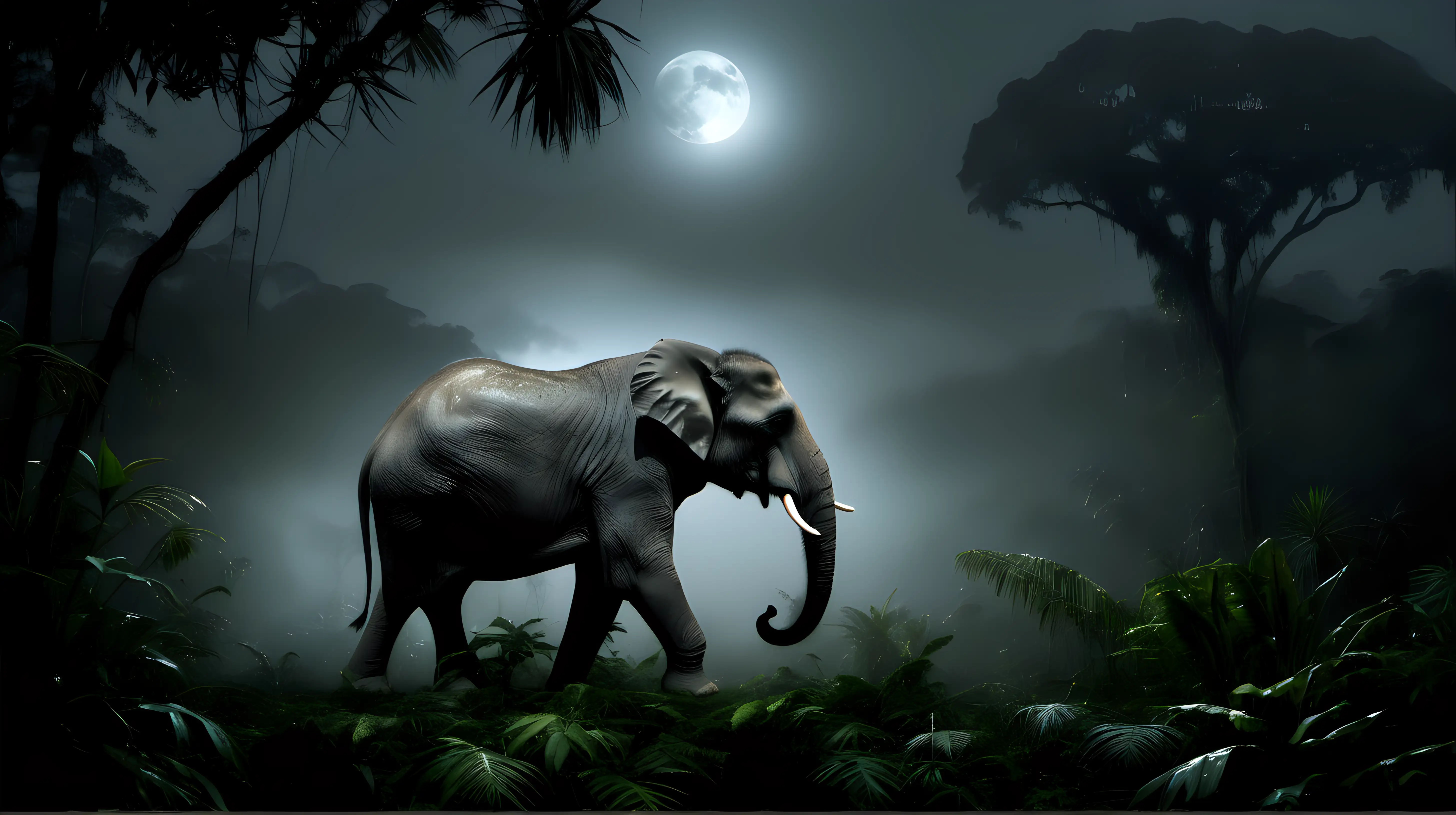 beefy elephant, rain forest, misty, moonlight