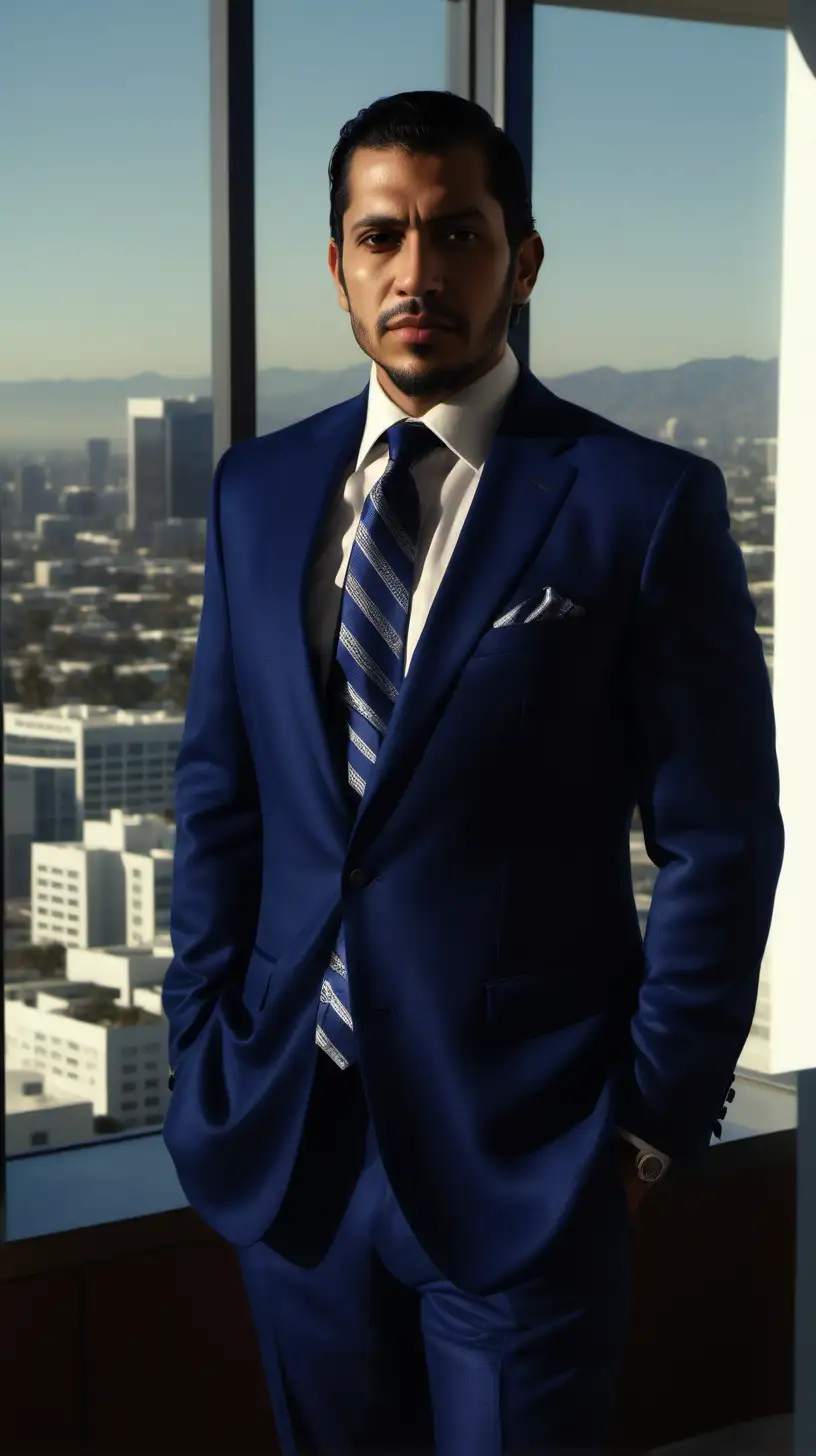 Handsome Puerto Rican Man, wearing Admiral Blue mohair, suit, wearing a Navy, dress shirt, wearing a dark patterened neck tie, Staring at the camera from corner office, in Los Angeles penthouse, Full view, ceiling high windows, sun cutting through the windows, Ultra 4k, high definition, light is volumetric