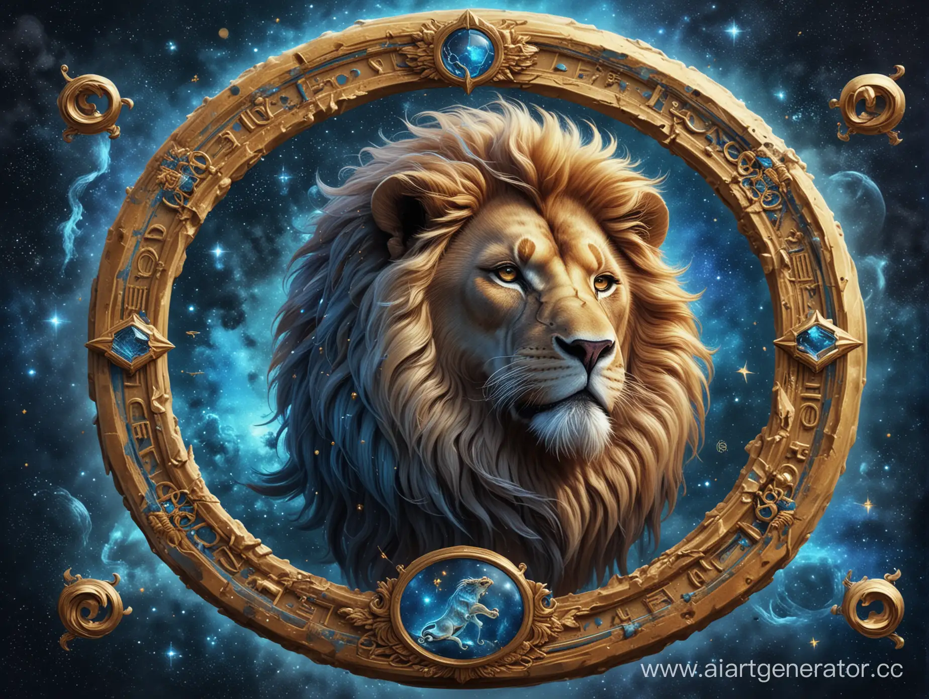 знак зодиака лев, в реалистичном стиле с деталями и в доминирующем виде. за днем фоне должно быть космическая дымка в синем цвете цвете, вокруг льва должна быть золотая круглая рамка с иероглифами