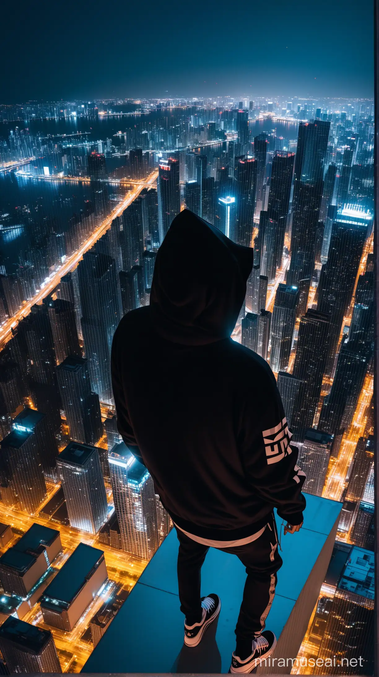 man with streetwear on top of a high building looking down at the city at night 