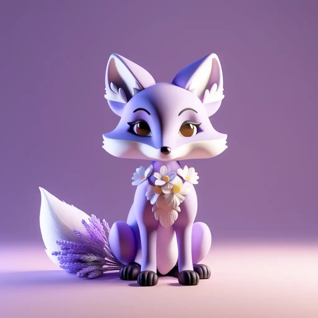 Lavender Flower Fox in Nature 3D Rendered Front View with Light Contrast