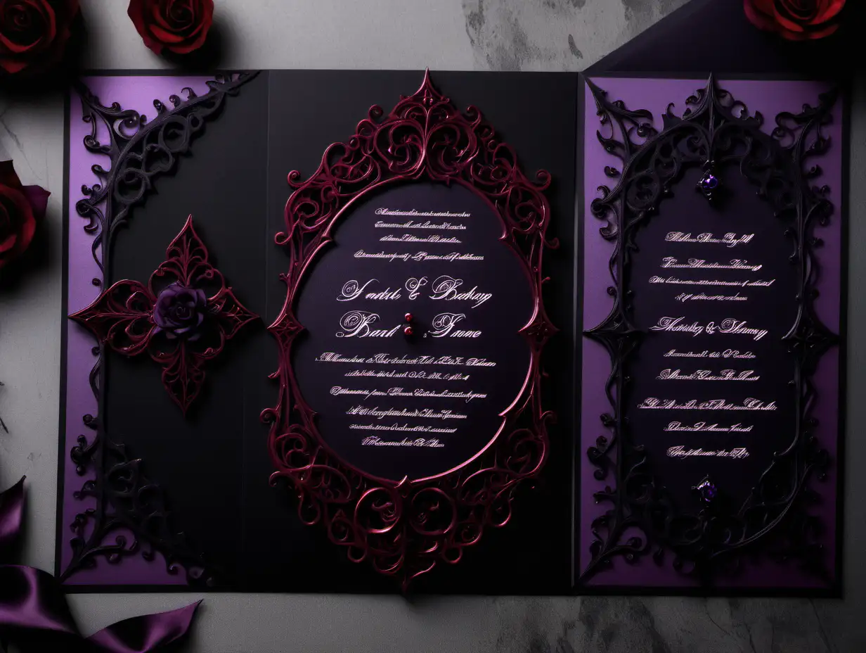 Gorgeous gothic red purple and  black wedding invitation. with writing. straight forward. not angled