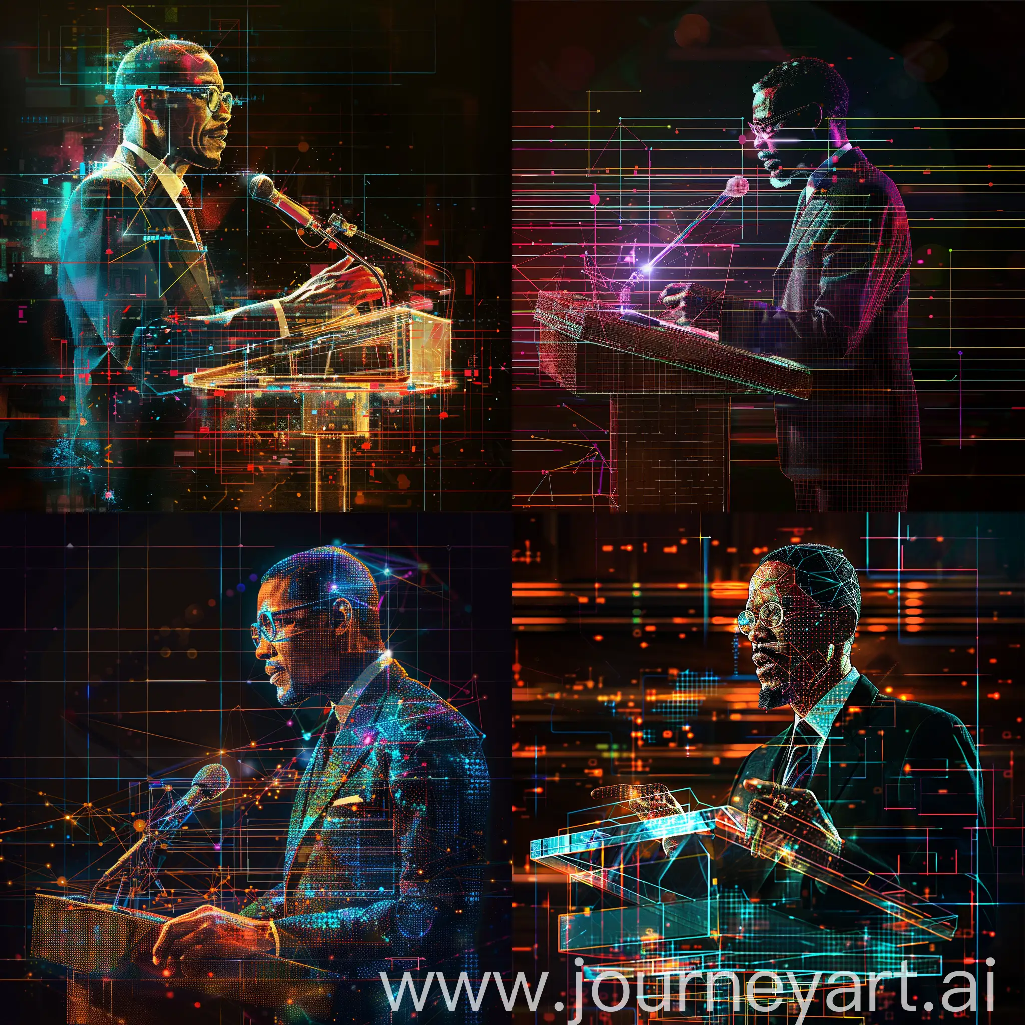Malcolm X delivering a powerful speech at a lectern, depicted in a futuristic digital art style with a grid pattern overlay, dynamic lighting, and vibrant colors, emphasizing his charisma and influence --s 150 --ar 1:1 --c 5