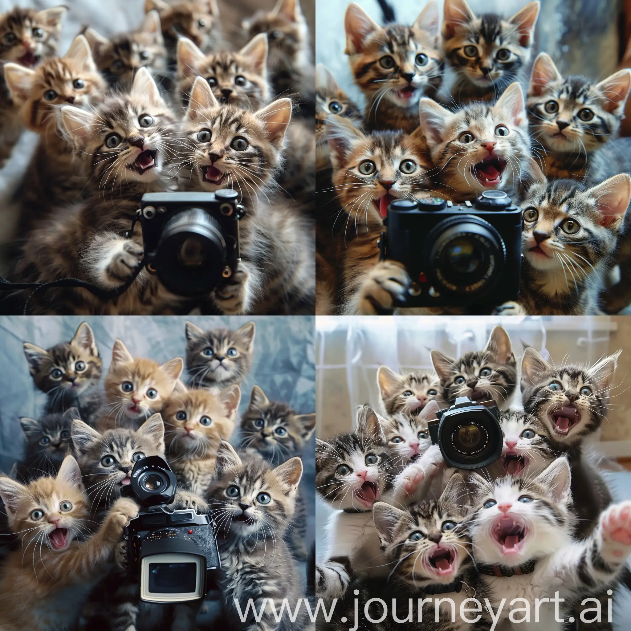 A group of laughing very cute kittens, doing selfie holding the camera, looking at the camera in a photo studio, perfect eyes, 4k quality