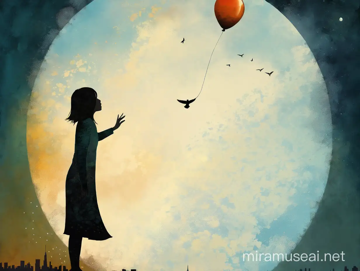девочка смотрит как в небе над городом летит воздушный шарик, style by Andy Kehoe