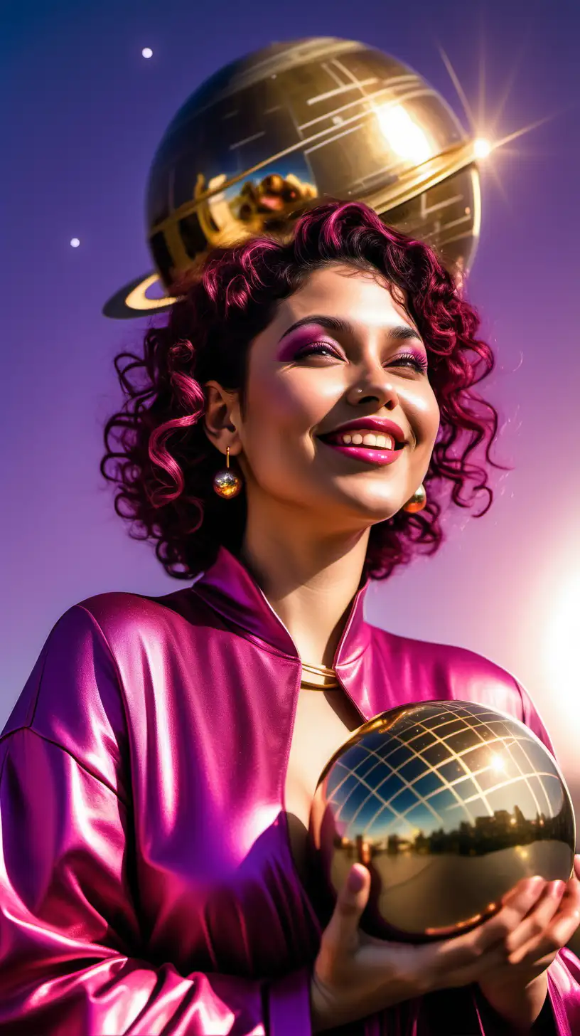 a pretty starseed astrologer woman, futuristic, in her 30s, chubby, holds gold sphere, dark pink trendy outfit, wealthy, olive skin, pretty, roman nose, short brown curly hair, confident, looks up smiling, planets above her head, the sun is blazing down bright, sunset, pink peach purple sky, planets are bursting out of her head