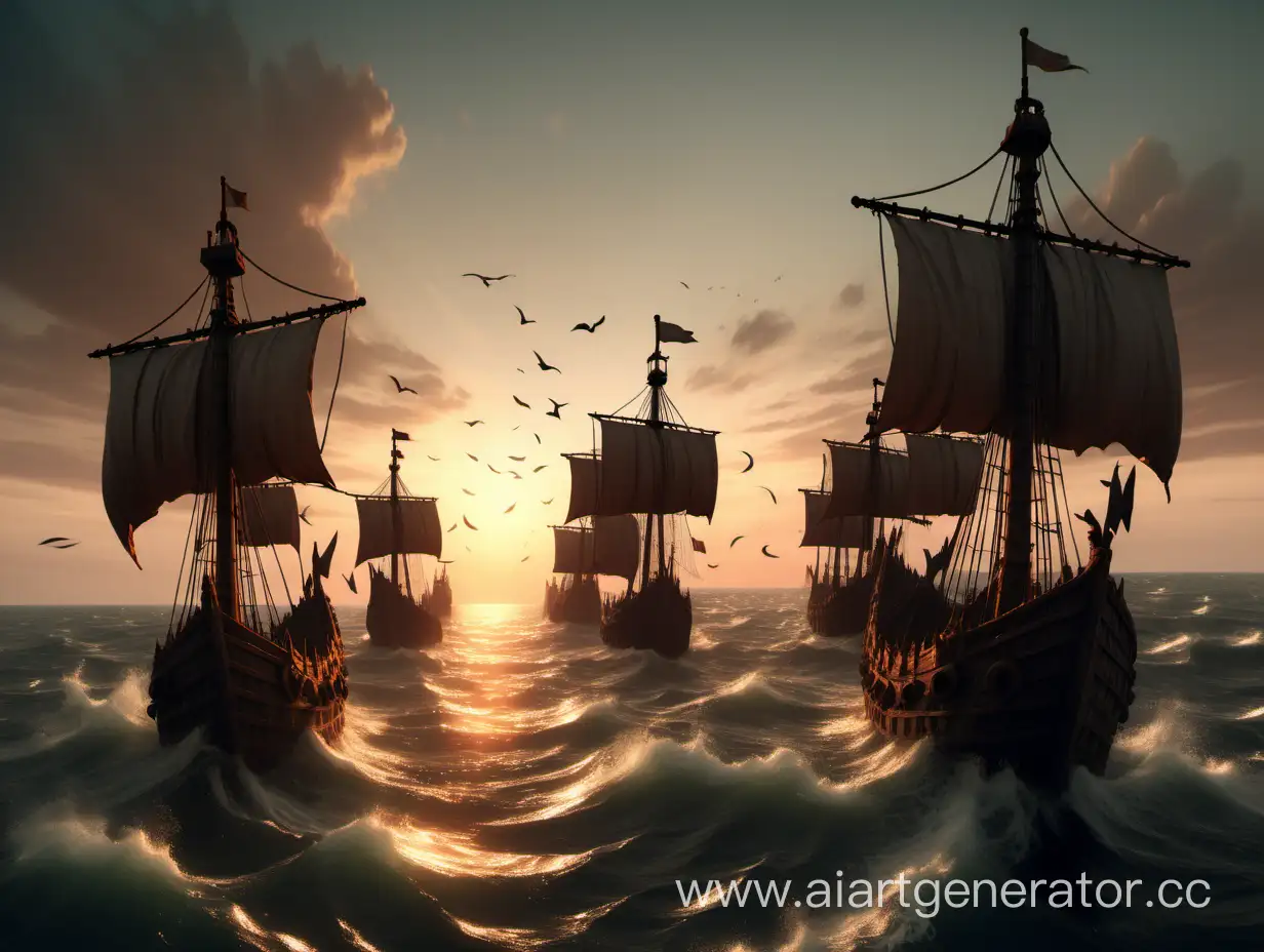 Корабли плывут колонной в даль в закат, вид сзади. В воде обломки малых кораблей. Средневековье