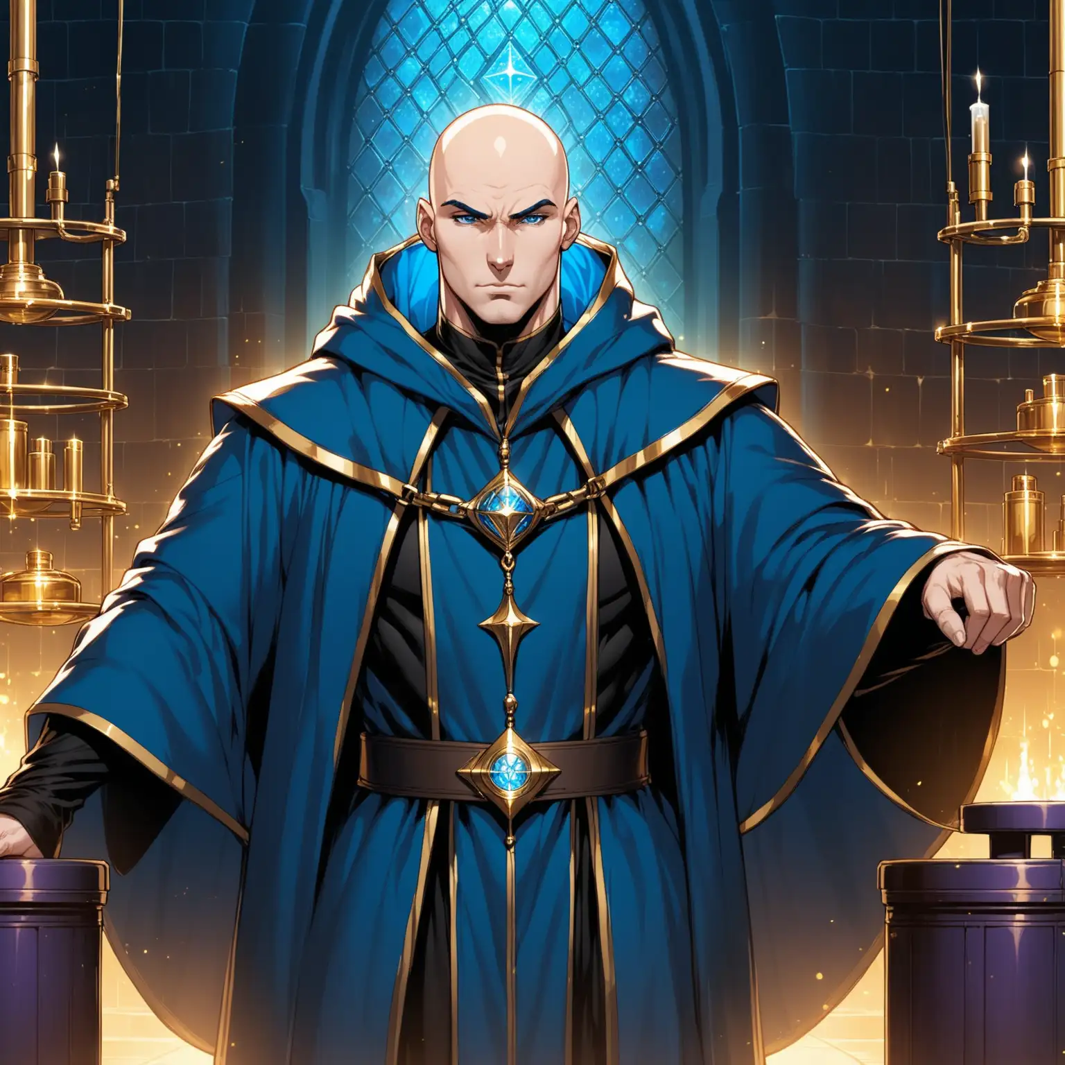 Serious Bald Wizard in Blue Robes in Laboratory