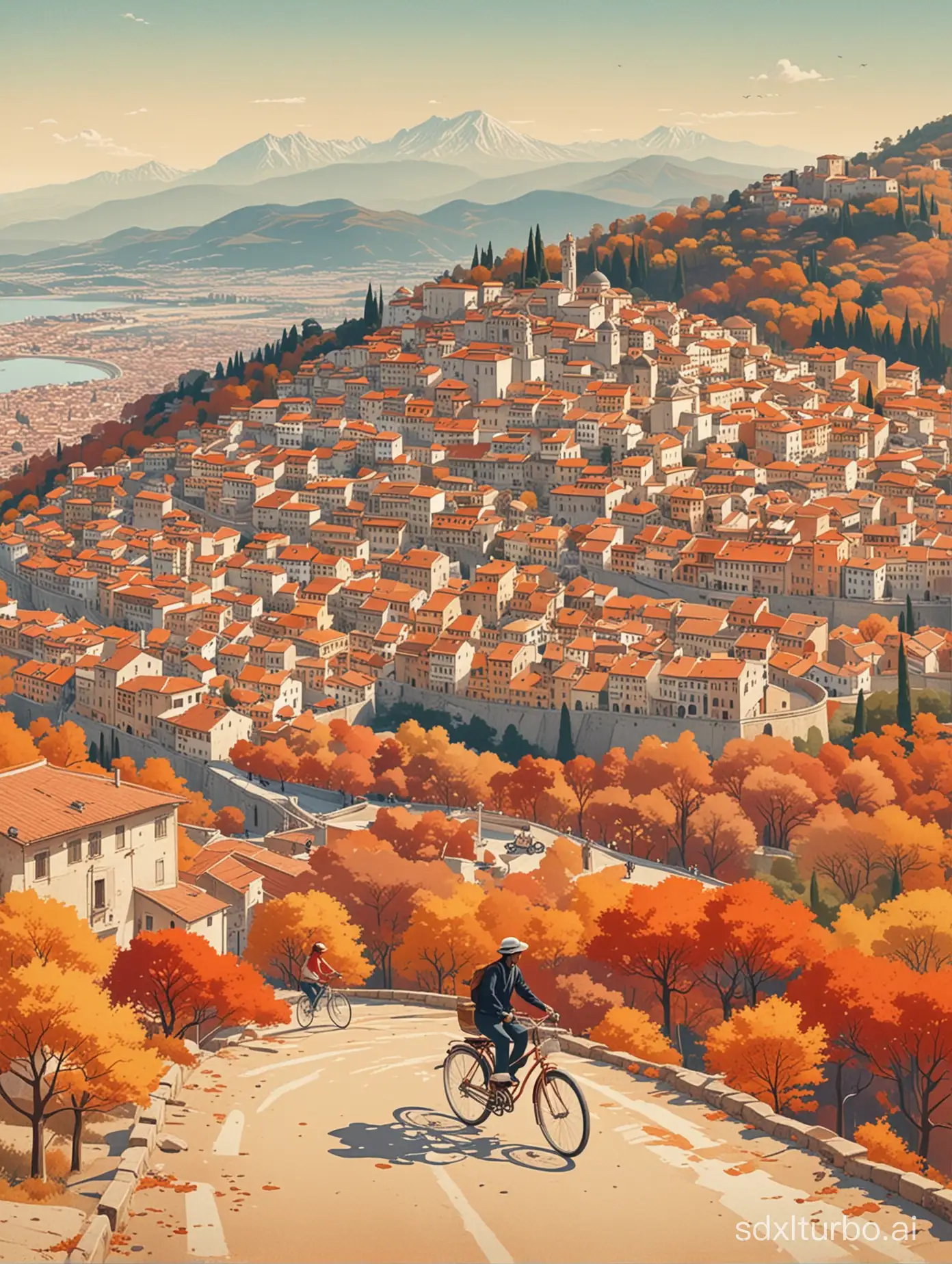 Minimalist illustration of old city from italy, mountains in the background, awoman and man riding a bike, wide angle shot, aerial view, in the style of Ryo Takemasa and in the style of Henry River Style, harmonious atmosphere, autumn colours, travelposter