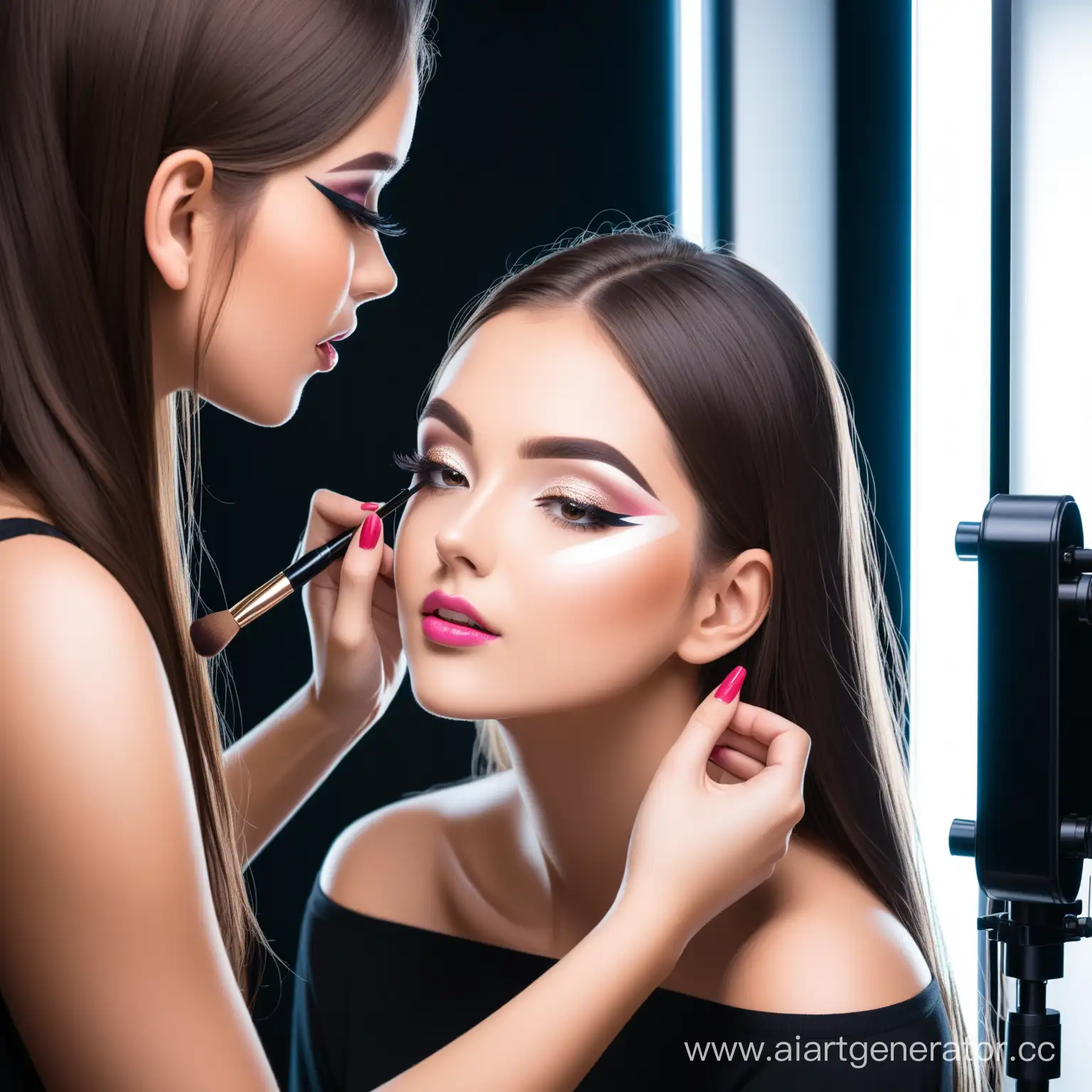 girl in a professional studio doing makeup to another girl