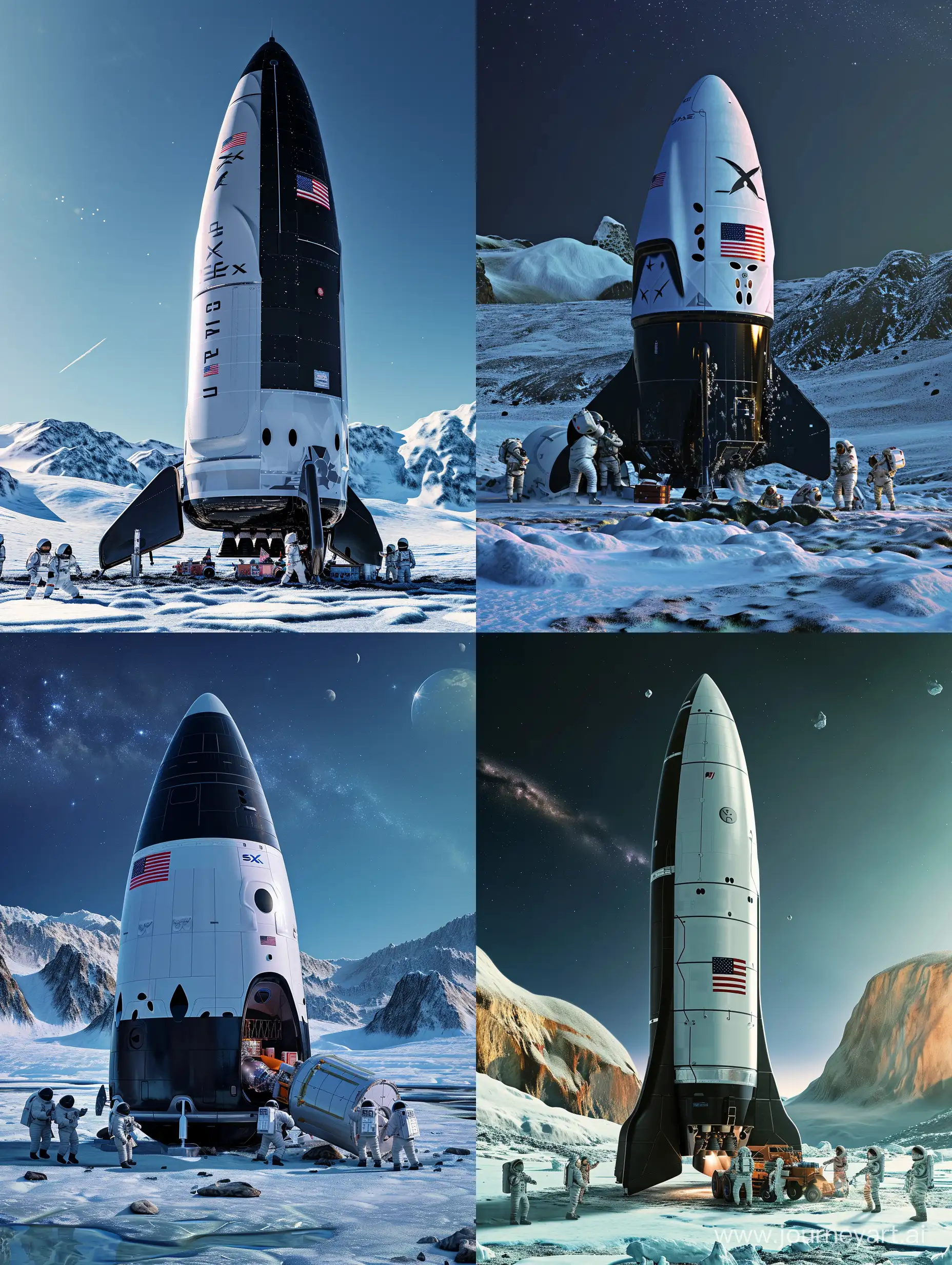 A realistic picture of the SpaceX Starship on the icy surface of Europa(Jupiter's Moon). The SpaceX Starship is painted in white and black with an American flag on its side like the Saturn V. There are astronauts around the rocket unloading supplies. In color.

